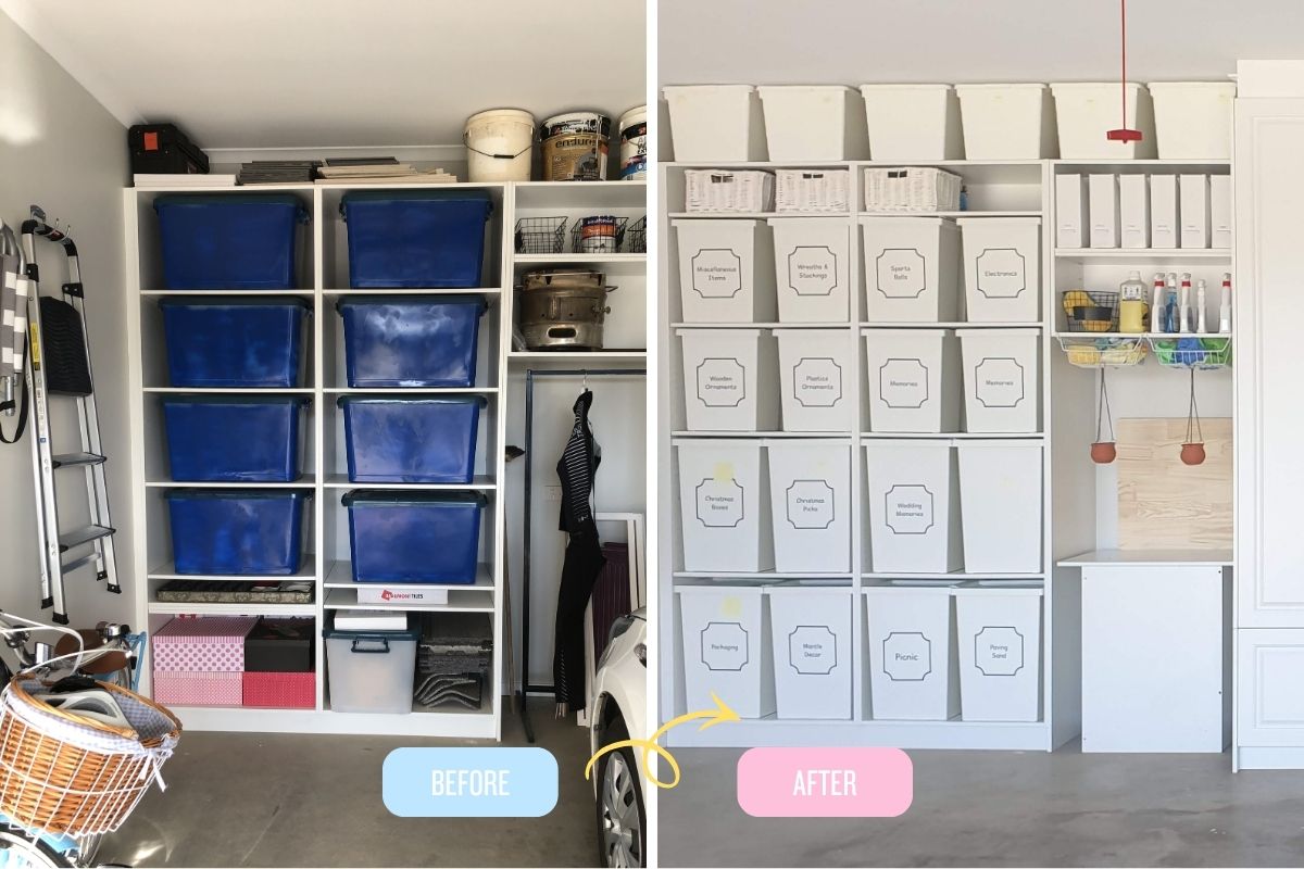 Before and after garage organisation with labelled storage system