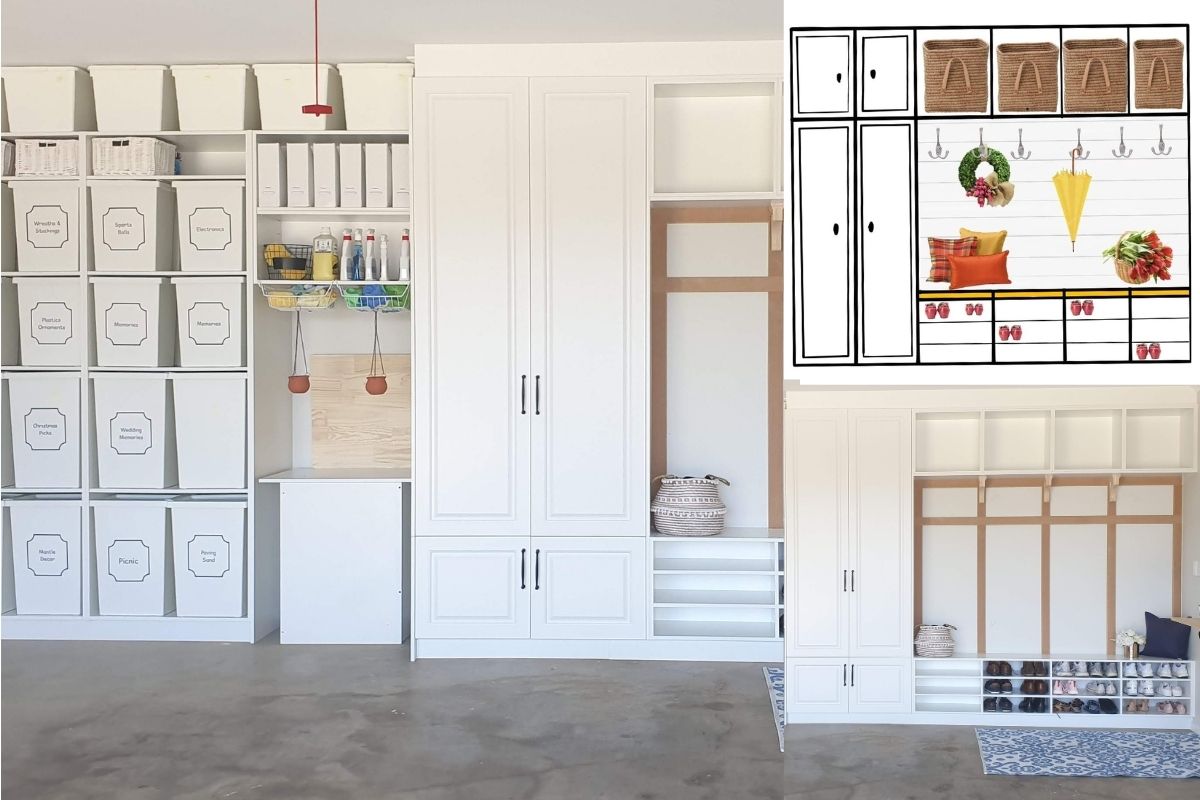 Garage mudroom bench with shoe storage and wall hooks