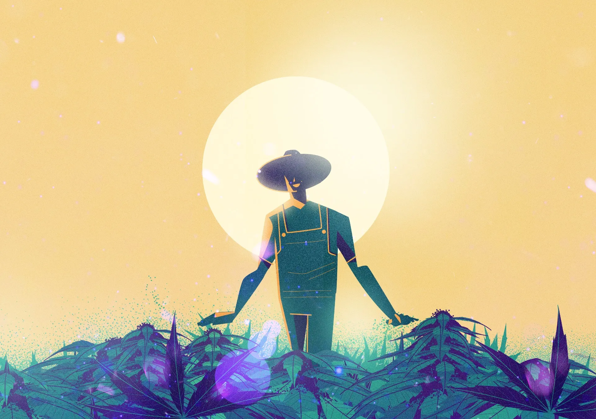 Illustration of a human figure in a vineyard facing the sun, representing the wine growing system.