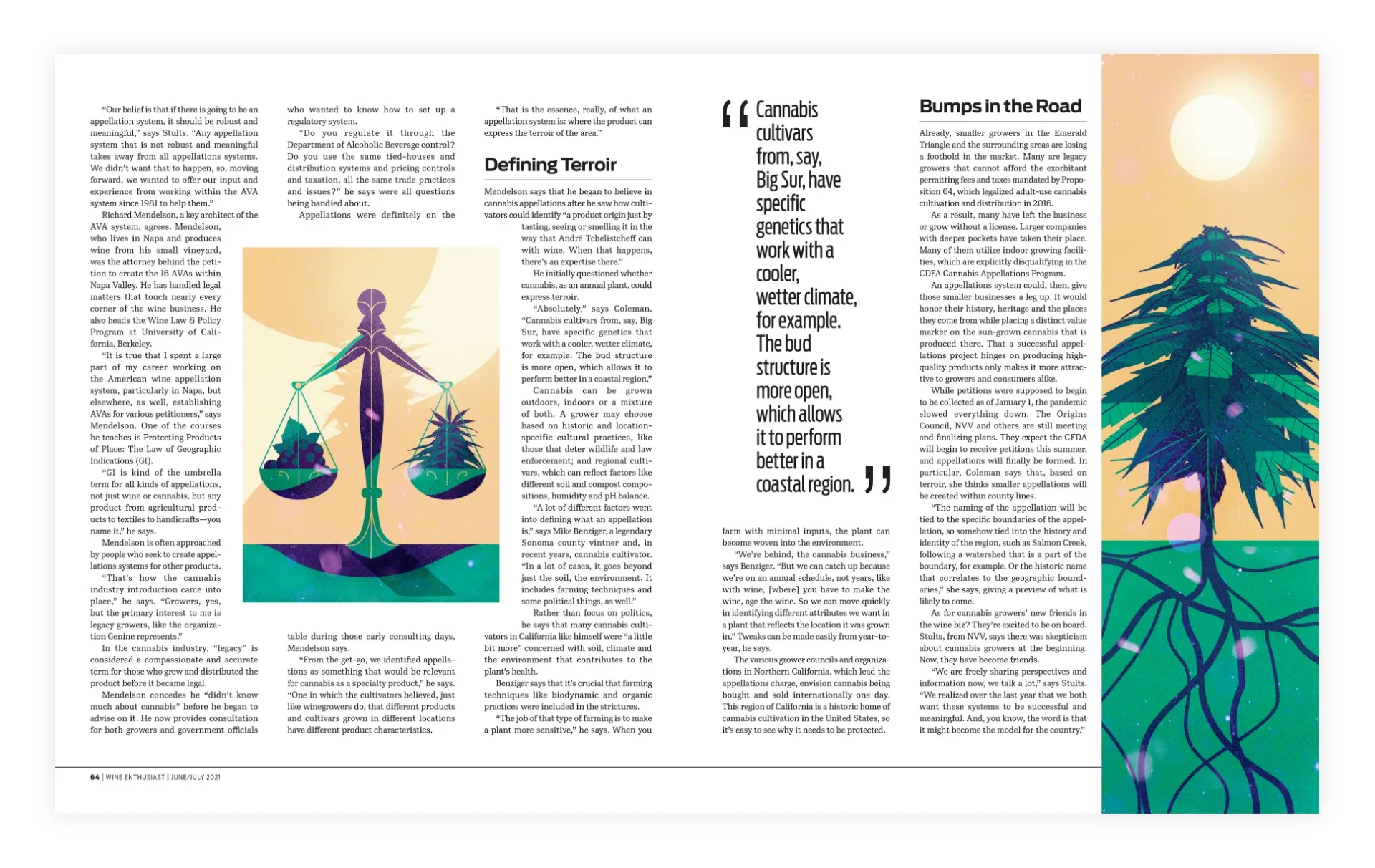 Editorial illustration layout for Wine Enthusiast magazine about the wine growing system.