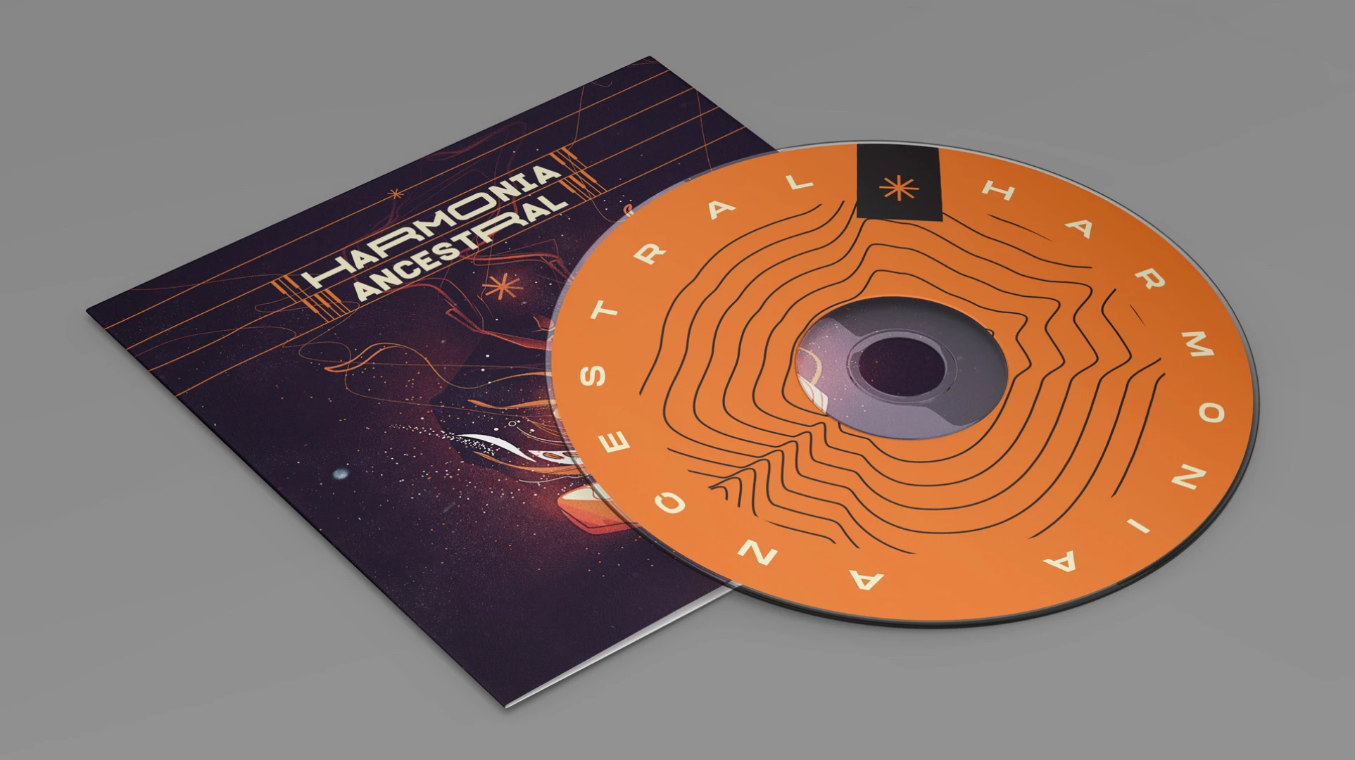 CD design for the album Ancestral Harmony, with minimalist typography and organic line patterns representing ancestral harmony.