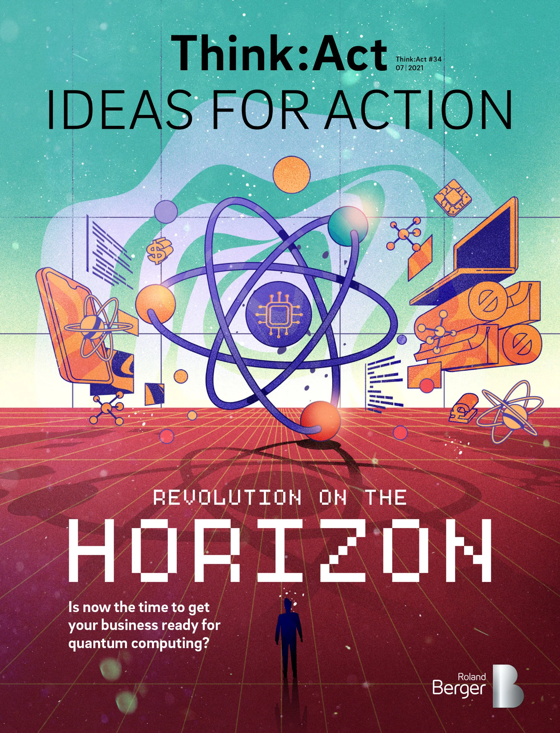 Magazine cover illustration for Think:Act – Ideas for Action exploring quantum computing and emerging technologies.