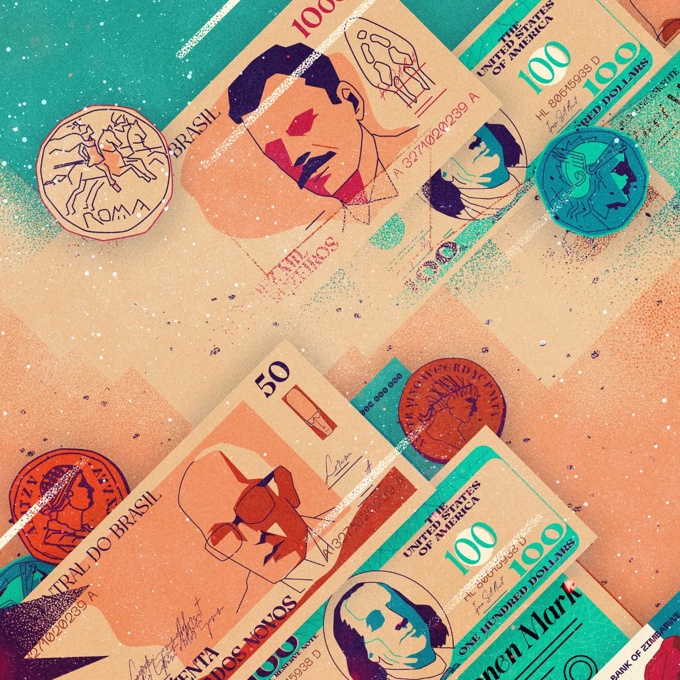 Illustration of overlapping stylized banknotes and coins from Brazil and the United States, featuring portraits and various symbols.