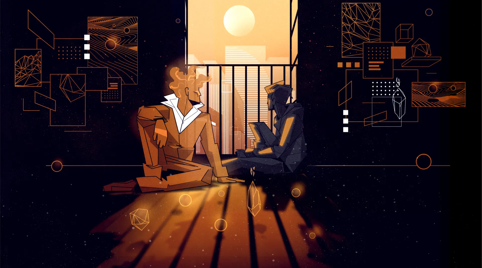Illustration of two people sitting in an interior space with a large window and abstract digital elements, suggesting dialogue and contemplation in a futuristic setting