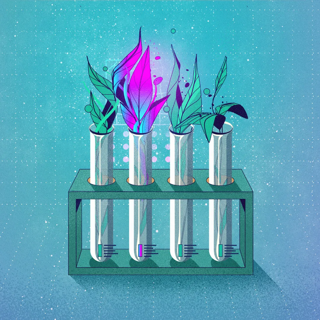 Illustration of four test tubes in a stand, each containing green or purple stylized leaves against a blue-green speckled background.