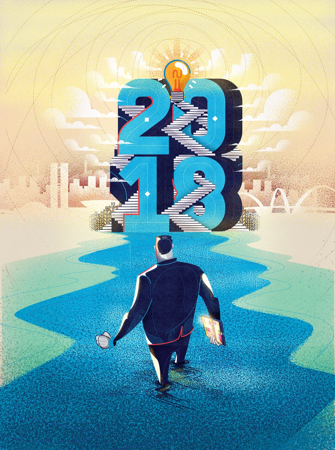 Conceptual illustration featuring the numbers 2018 formed as architectural structures with stairs and a light bulb on top, symbolizing ideas, progress, and transition.