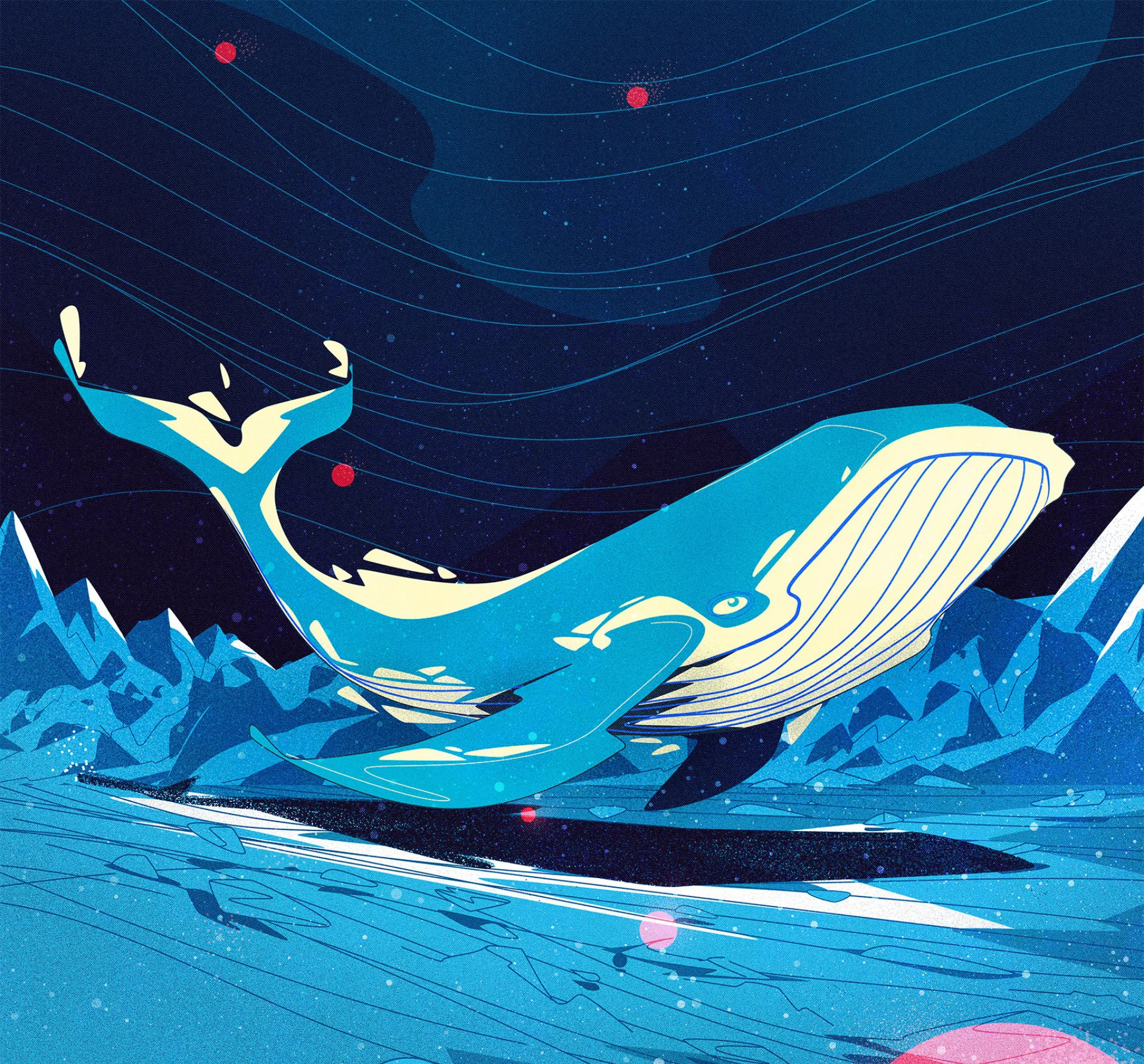 Stylized illustration of a whale swimming through icy waters under a night sky, evoking nature, scale, and environmental contemplation.