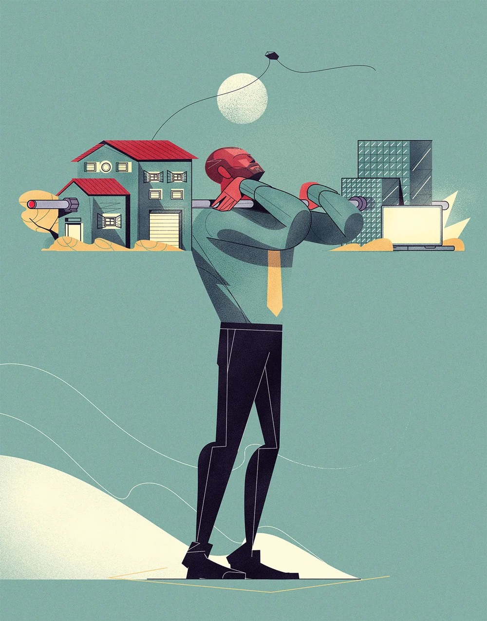 Stylized illustration of a standing man balancing urban elements like houses, buildings, screens, and cables across his shoulders, representing modern life and mental load.