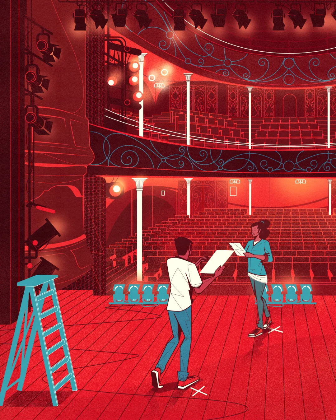 Cover illustration for Portuguese Language – Grade 8, depicting a theatrical stage rehearsal, highlighting reading, interpretation, and collective creation.