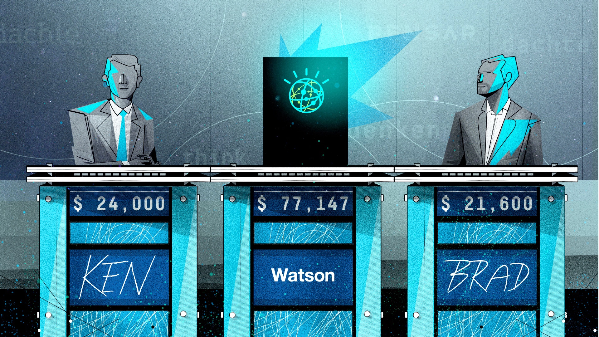 llustration of three digital avatars seated at podiums with illuminated display screens.