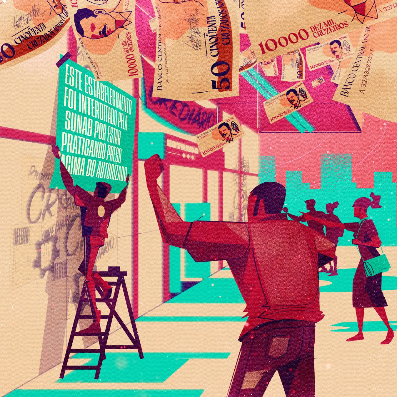 Stylized illustration of a protest scene with a person on a ladder holding a sign in Portuguese about unauthorized pricing, surrounded by large overlapping Brazilian banknotes and people raising fists or pointing.
