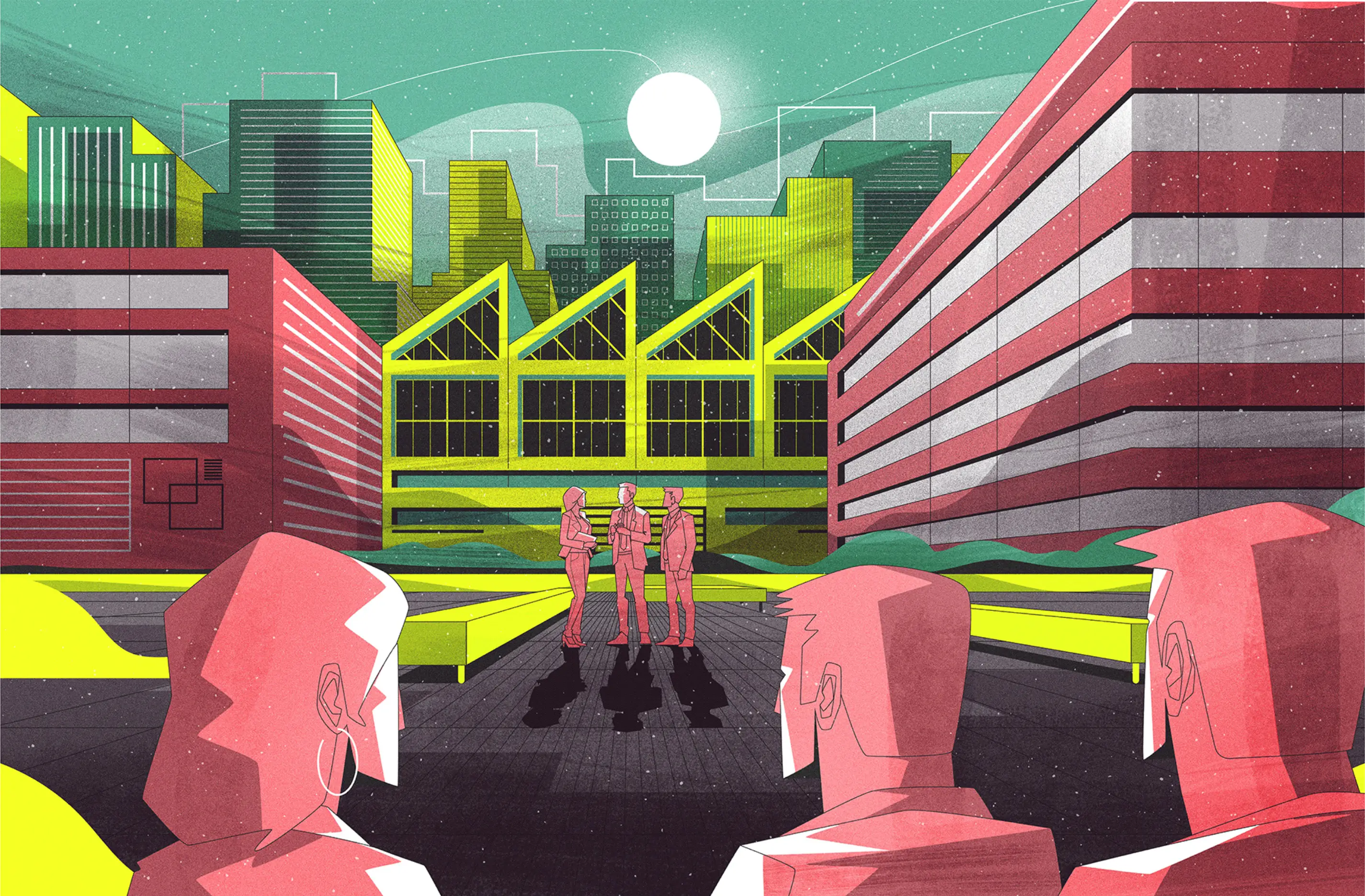 Illustration of three people in the foreground observing a group of three others conversing under a bright sun with colorful modern buildings in the background.