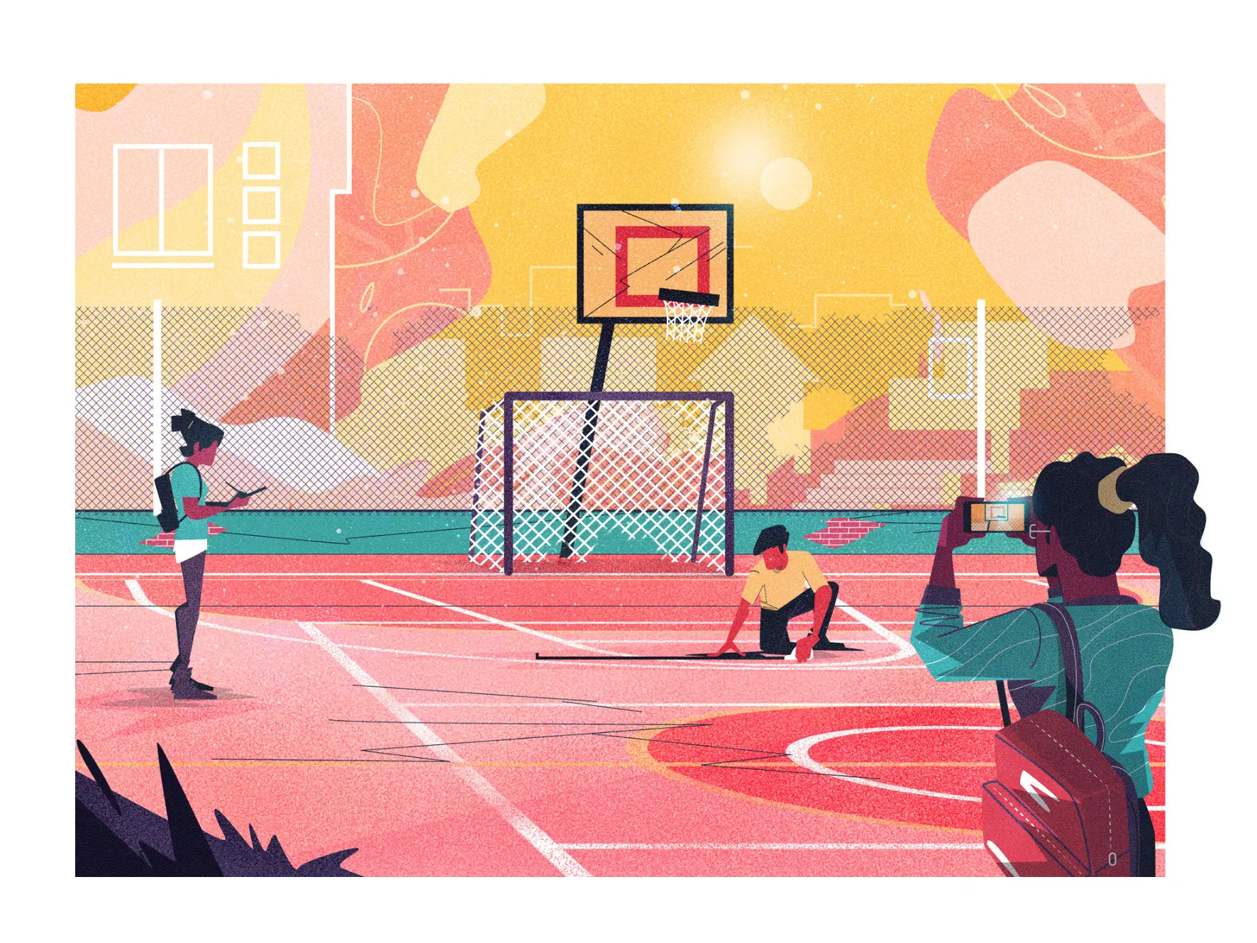 Outdoor sports court with a basketball hoop and soccer goal, a person kneeling on the court, another standing and using a phone, and a third person taking a photo.