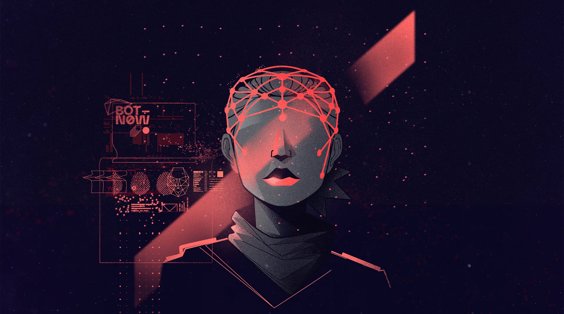 Cyberpunk-style scene of a futuristic therapy session, with two figures seated in a dark room facing a glowing window and abstract digital overlays