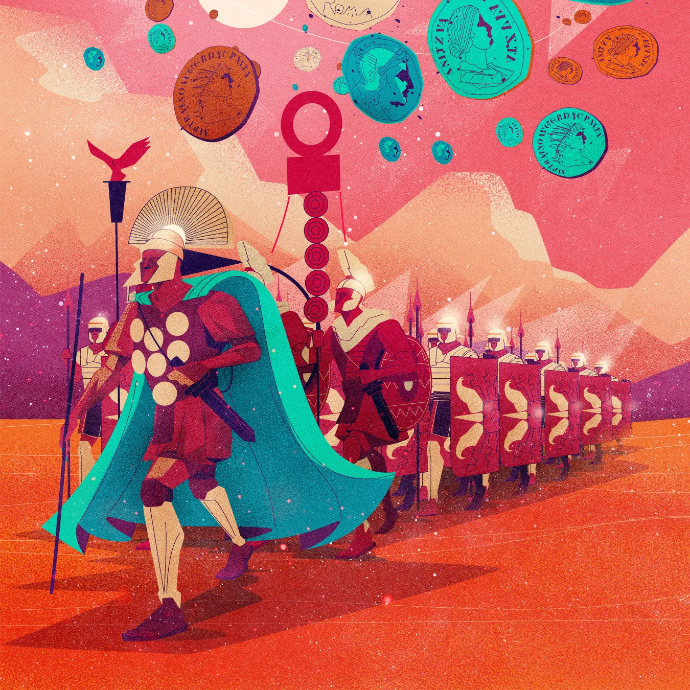 Stylized illustration of Roman soldiers marching with shields, spears, and a standard, under floating ancient coins.
