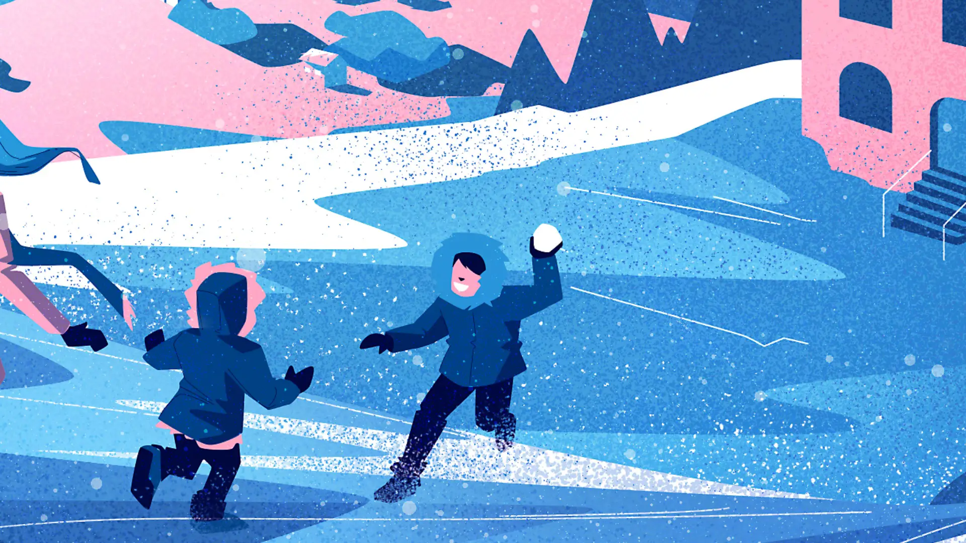 Illustration of children in winter jackets playing a snowball fight on a snowy ground near a pink building with stairs.