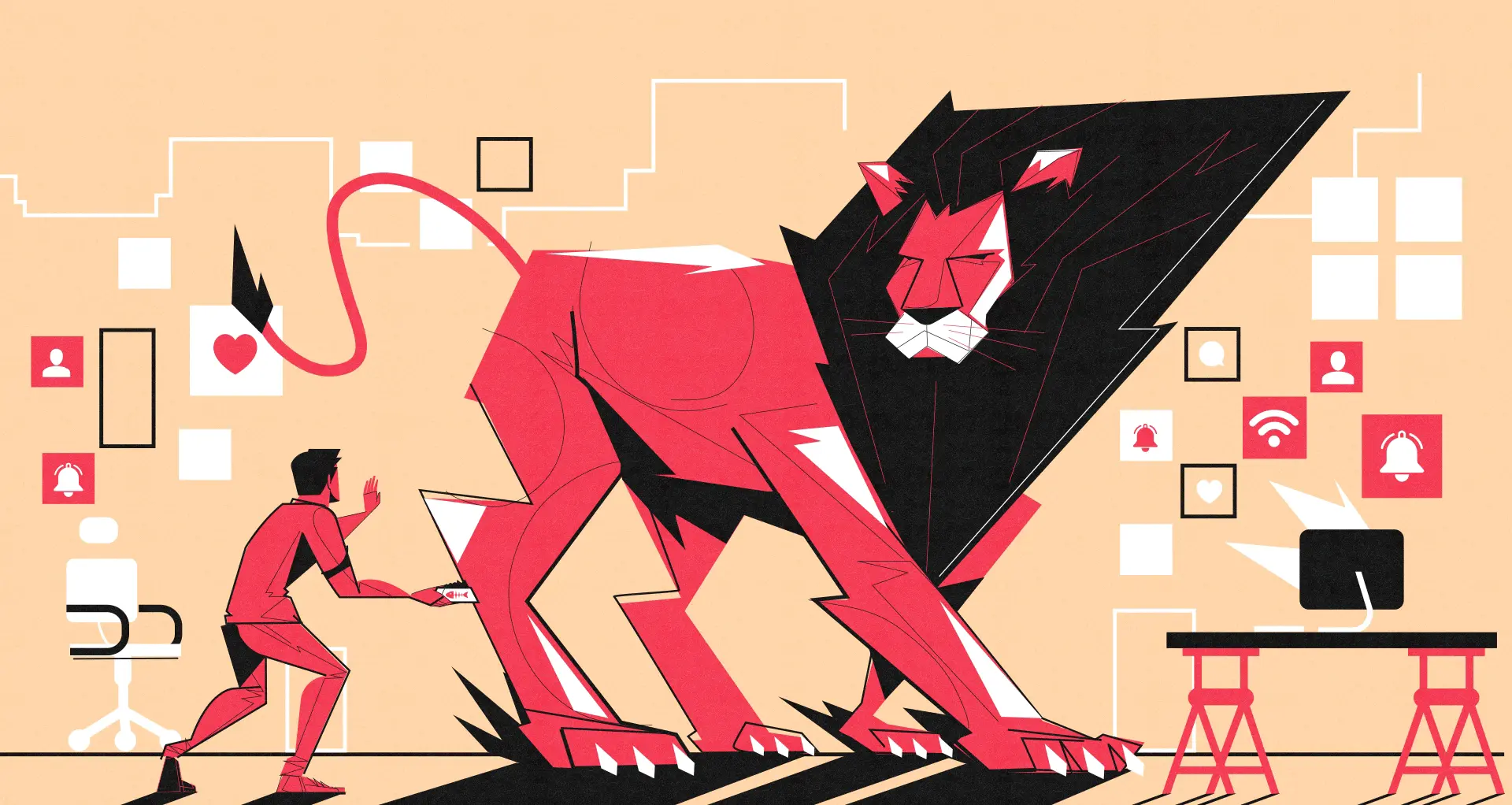 Conceptual illustration of a man facing a giant, imposing red and black lion in an office setting with notification icons, representing work pressure and facing professional fears.