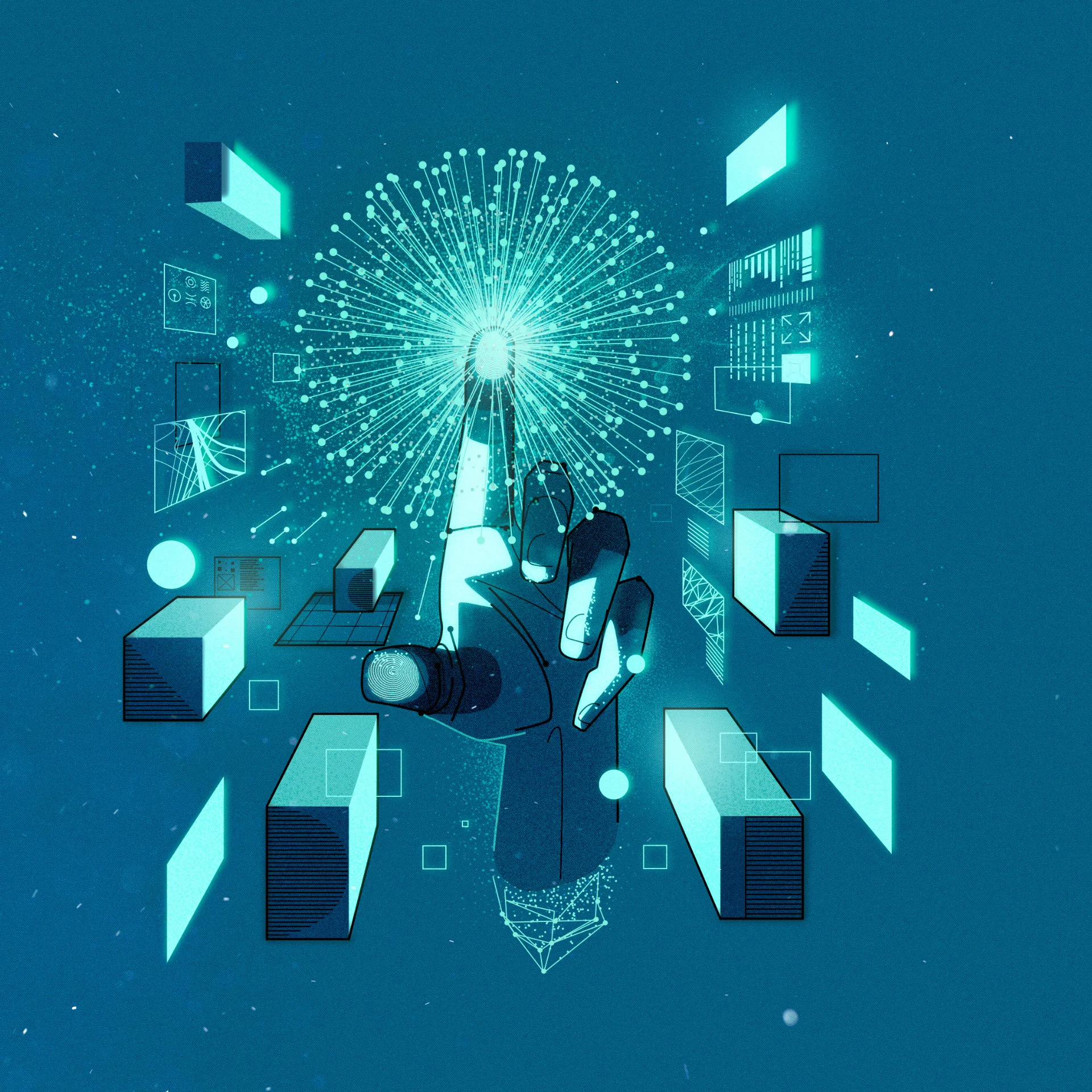 Abstract illustration of digital consciousness expanding through geometric data shapes