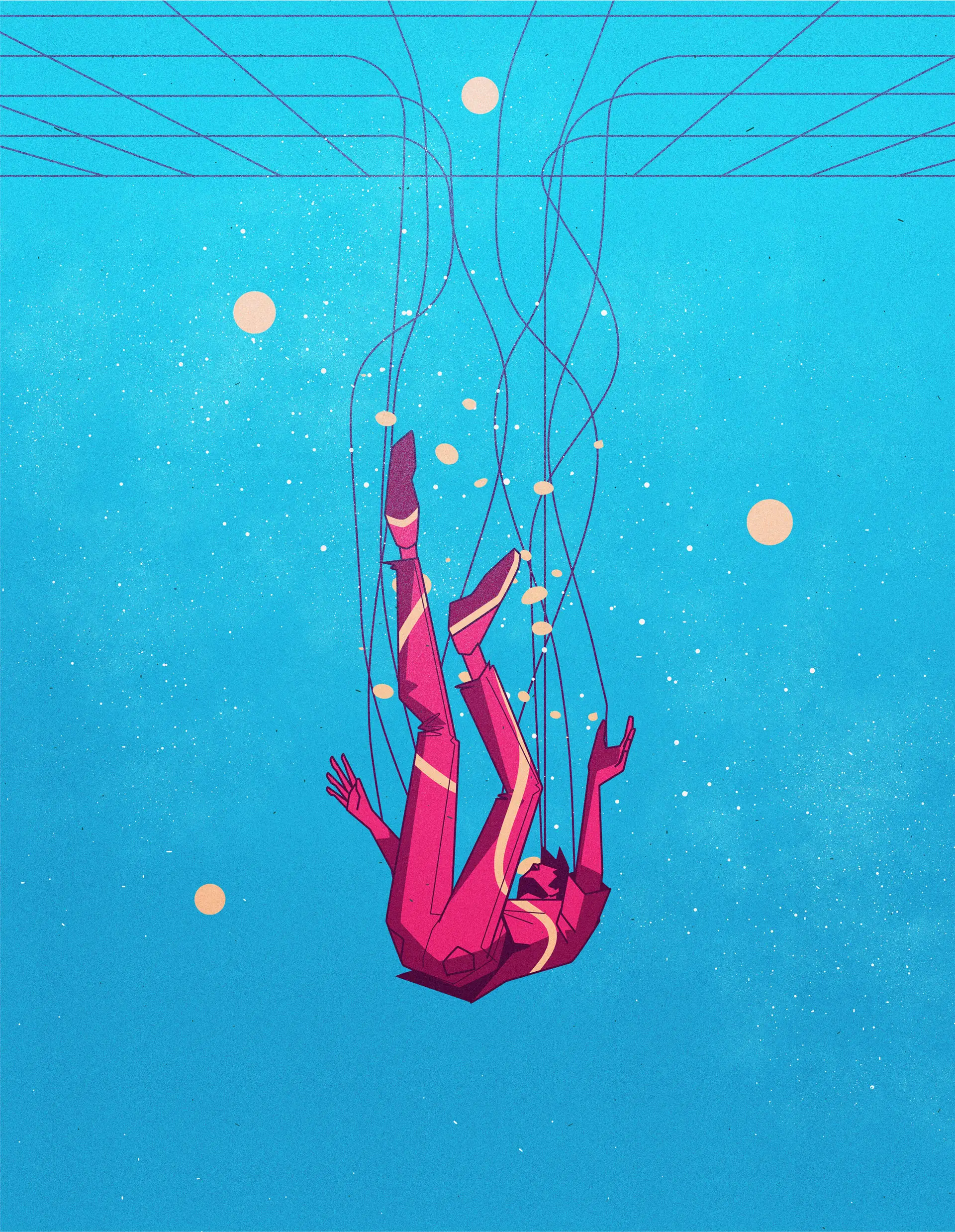 Stylized figure in pink falling backward with multiple thin wires attached, set against a blue background with scattered small white dots and peach circles.