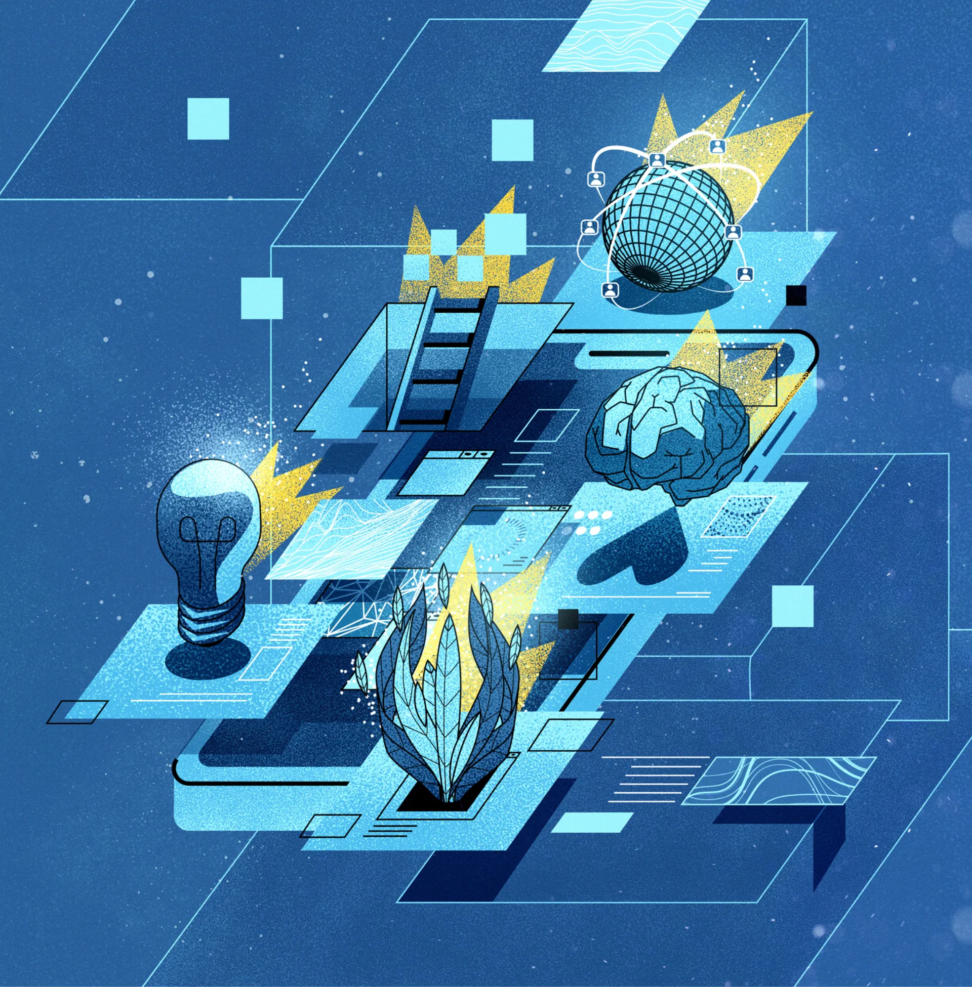 Abstract digital illustration featuring a smartphone surrounded by a light bulb, a ladder, a globe with network icons, a brain, and a blue flame on a blue background.