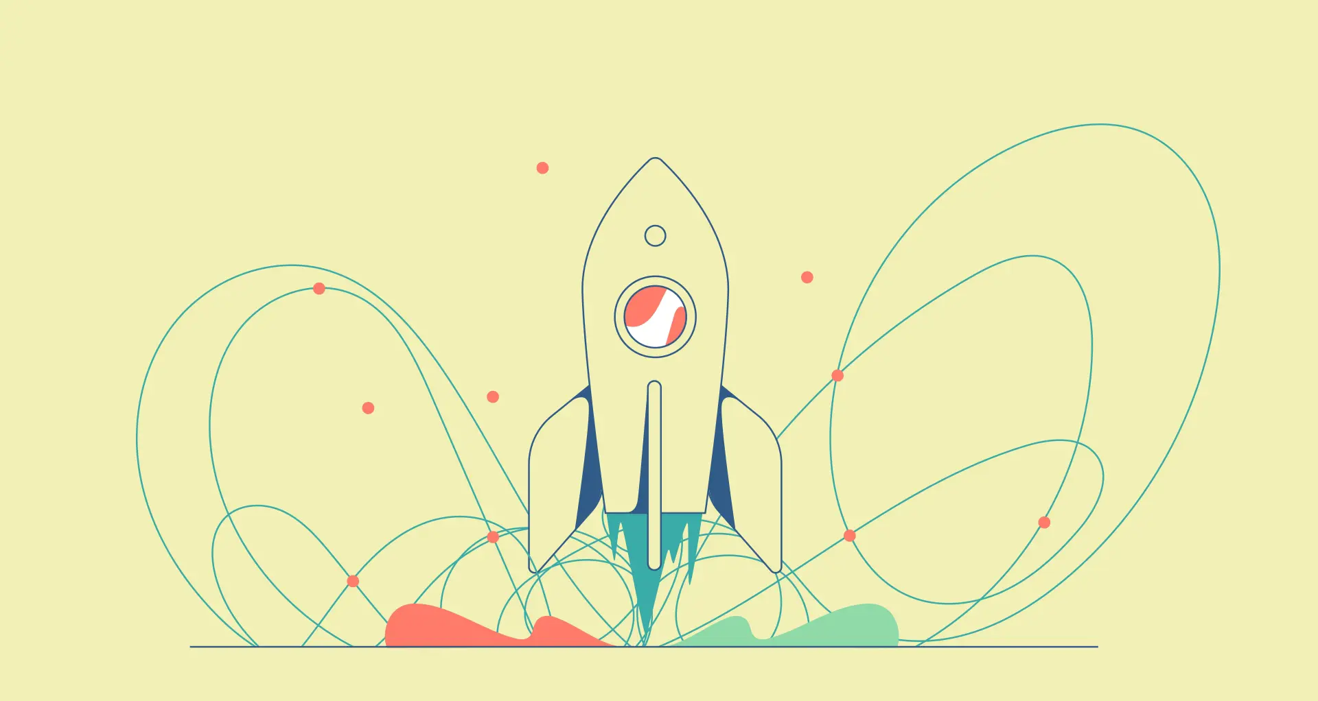 Minimalist illustration of a rocket ship launching upward surrounded by swirling flight paths, symbolizing a product launch, startup growth, or rapid success.