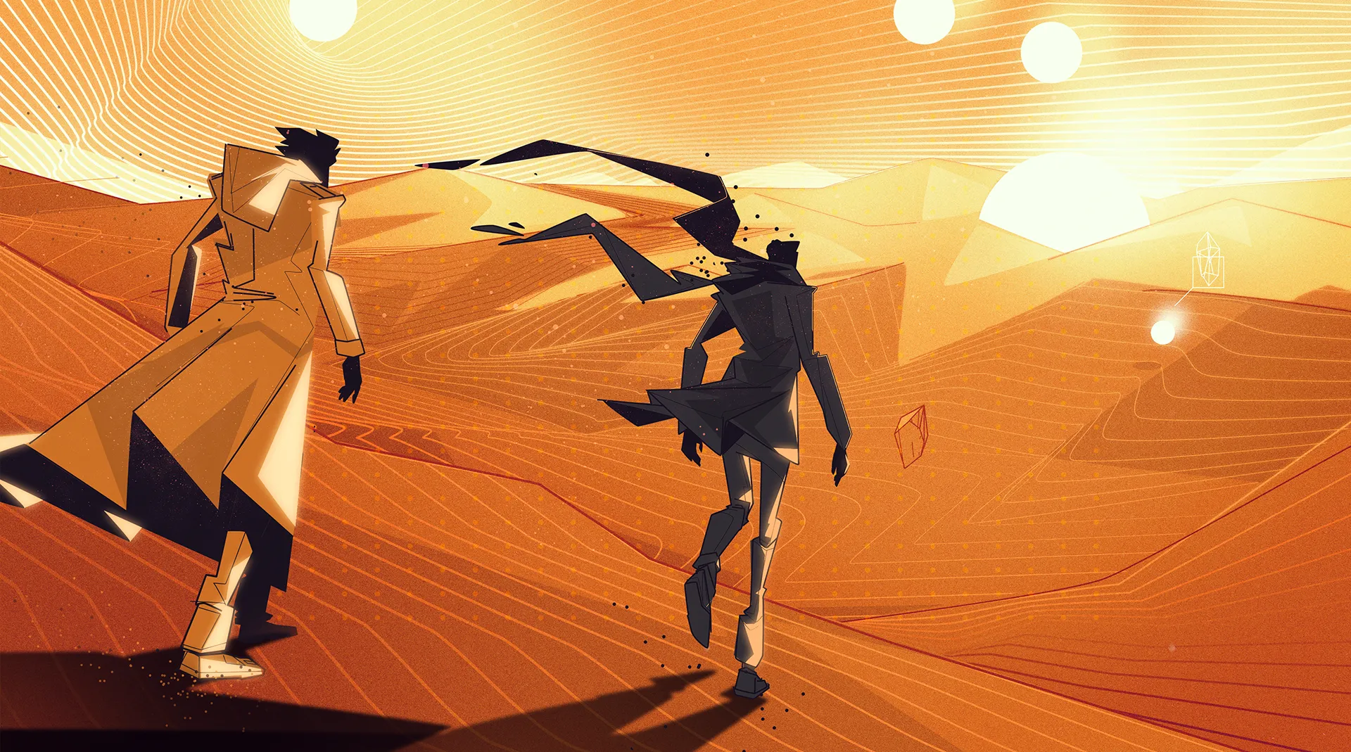 Stylized illustration of two human figures walking across a desert landscape under a bright sun, with geometric shadows and a cinematic atmosphere