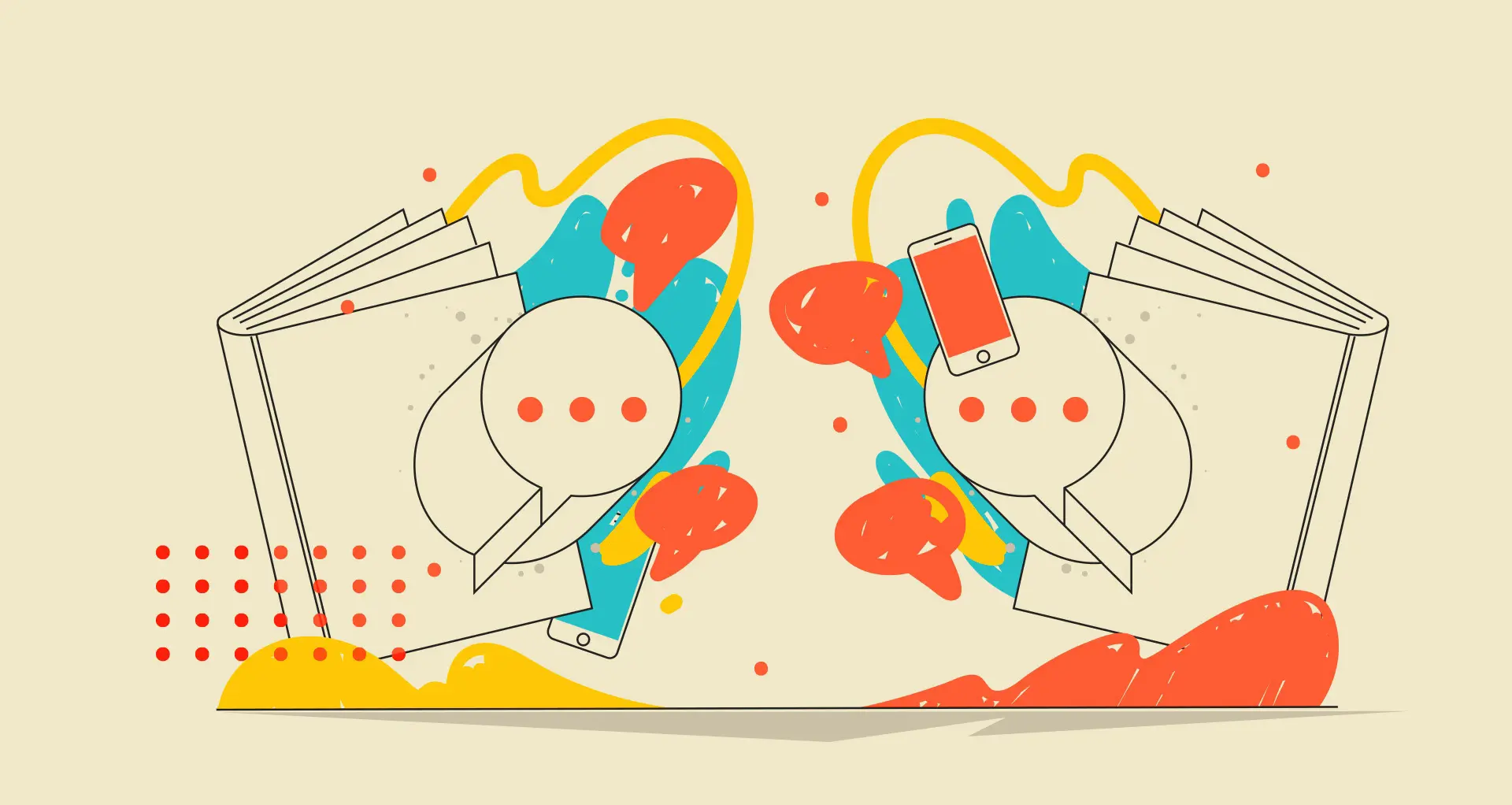 Two open books with speech bubbles and smartphones, representing the intersection of traditional reading and modern digital communication.