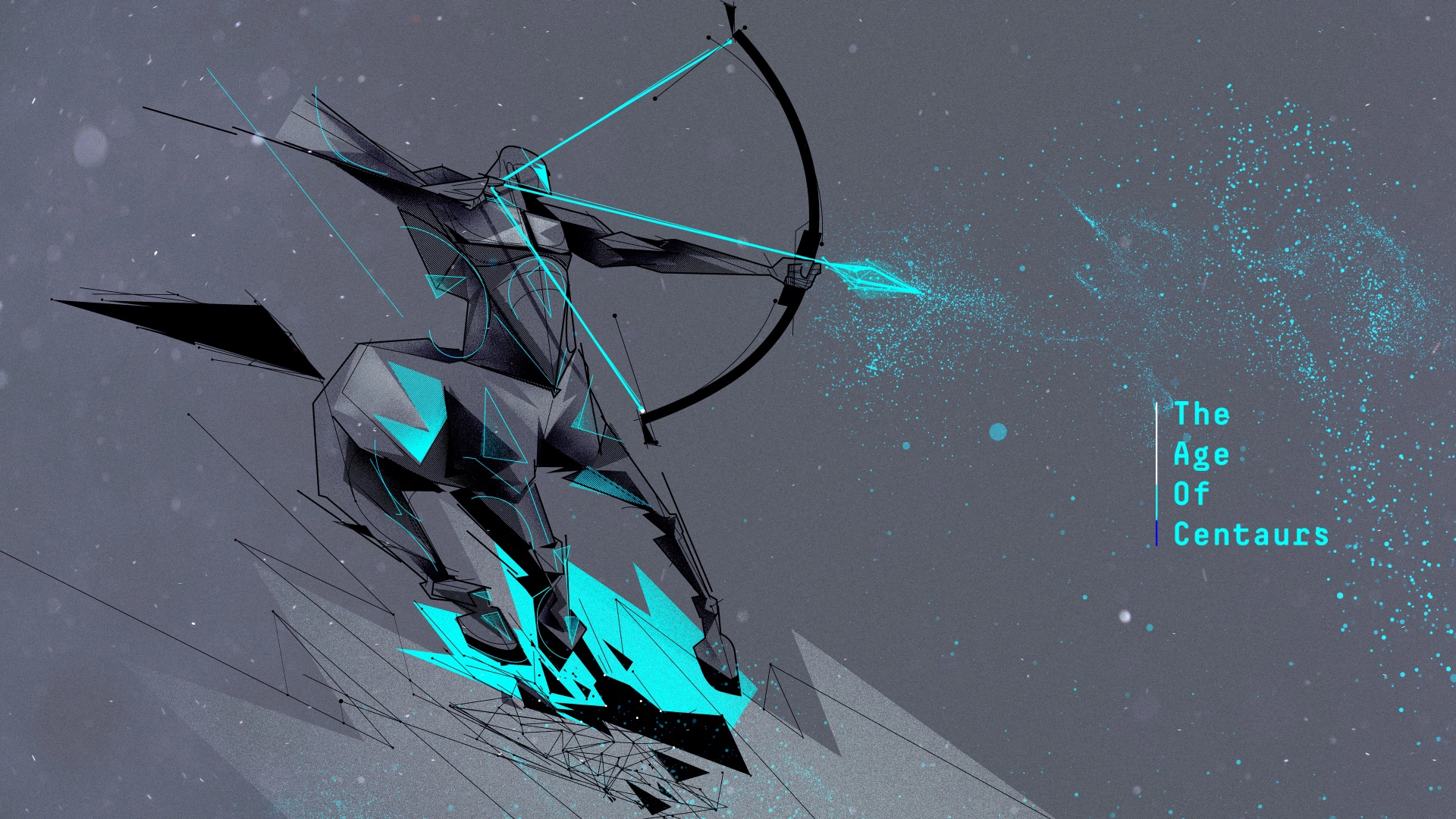 Illustration of a centaur aiming a futuristic bow on a stylized landscape.