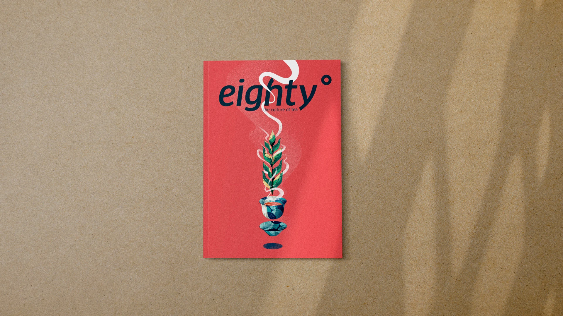 Red cover of Eighty Degrees tea magazine with minimalist illustration