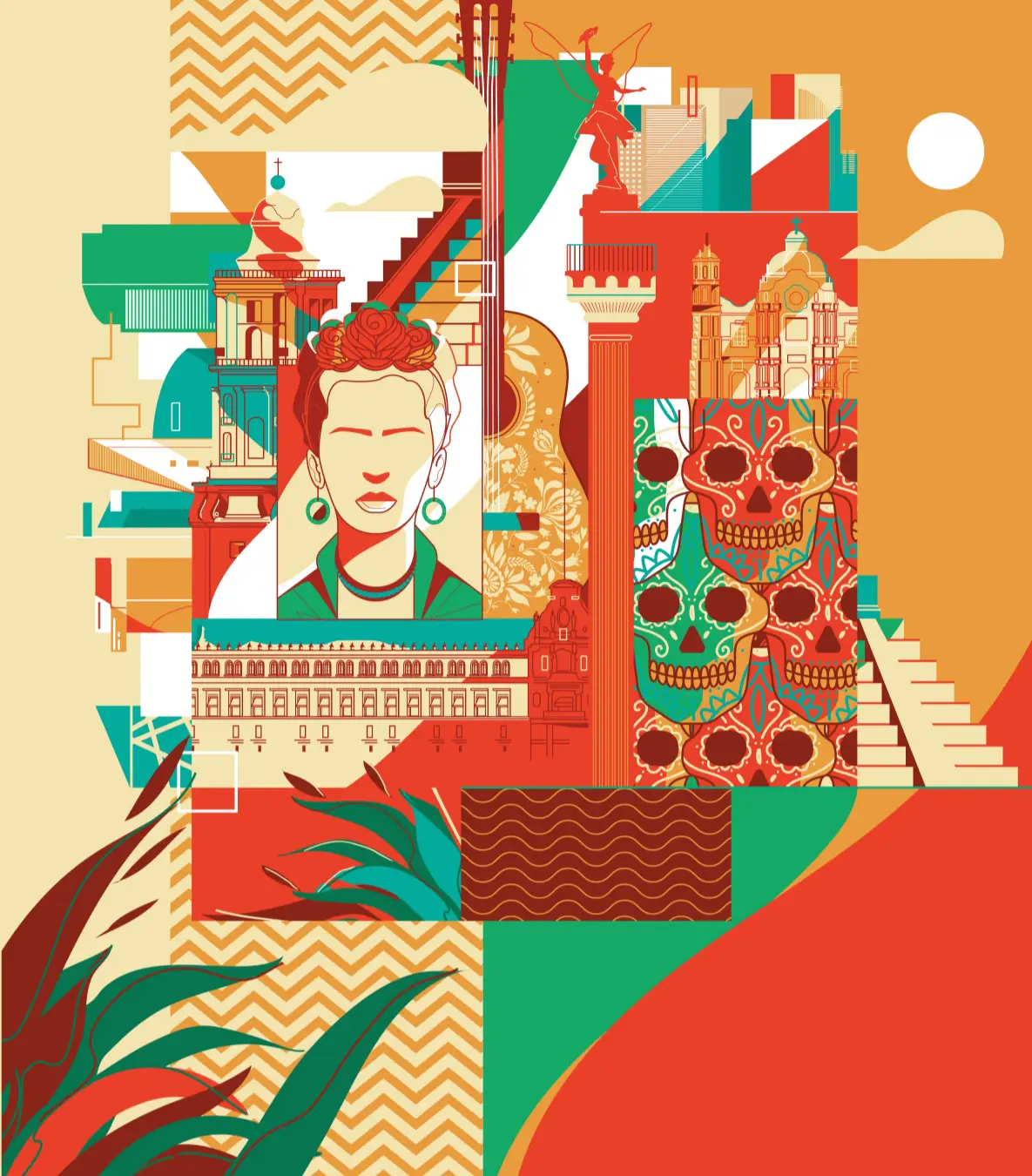 Colorful illustration featuring a stylized portrait of Frida Kahlo, Mexican skulls, architectural elements, a decorated guitar, and lush green leaves.