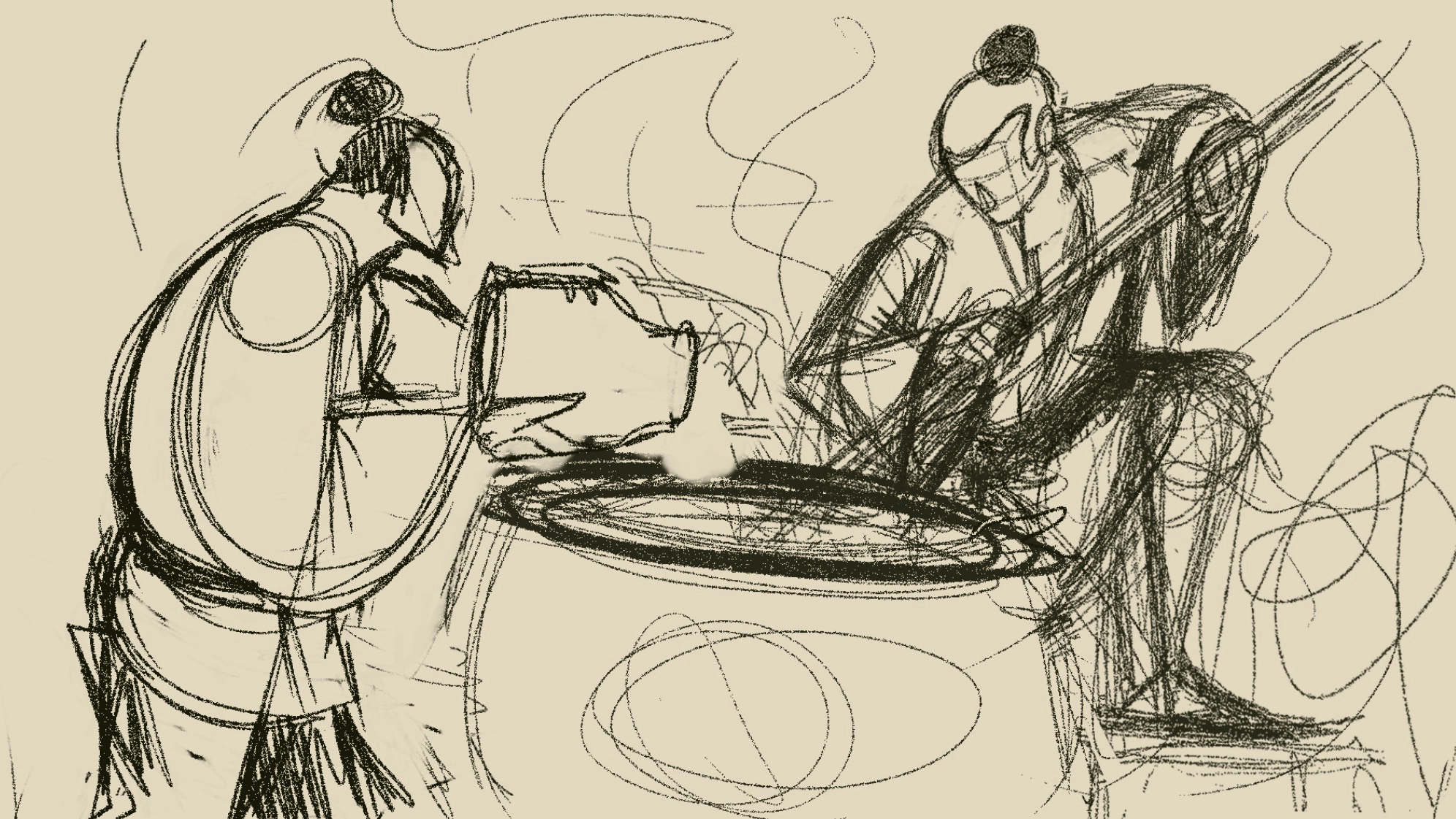 Sketch of Baijiu producers handling tools and vessels in a workshop.