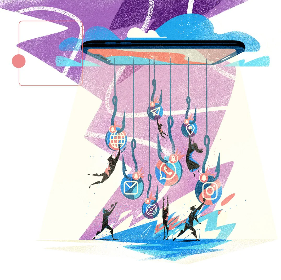 Conceptual illustration of people hanging from social media icons connected to a large smartphone, representing digital dependence, communication, and control.