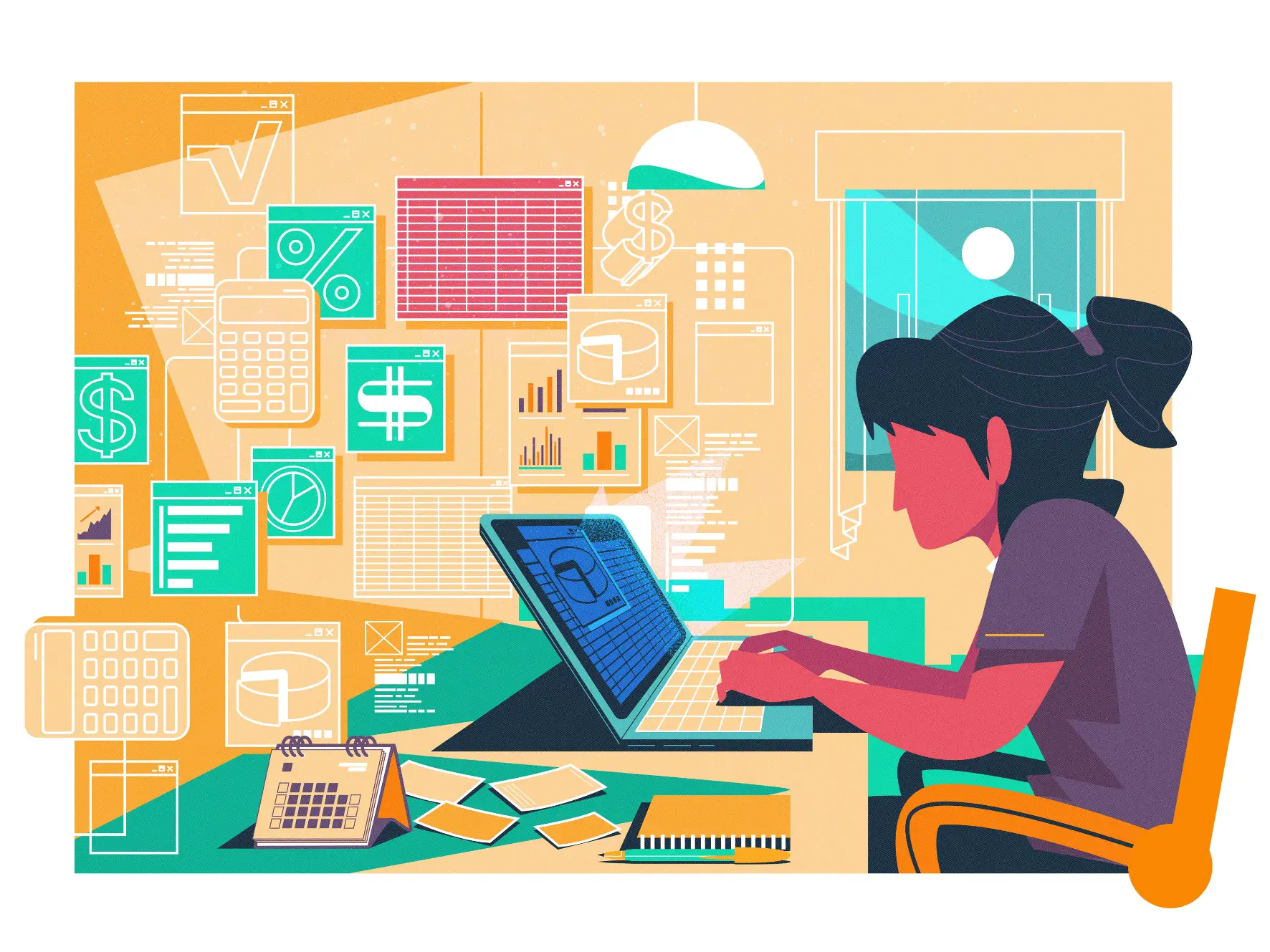 Woman working on a laptop with financial charts, graphs, and calculator icons floating around her in a home office setting.