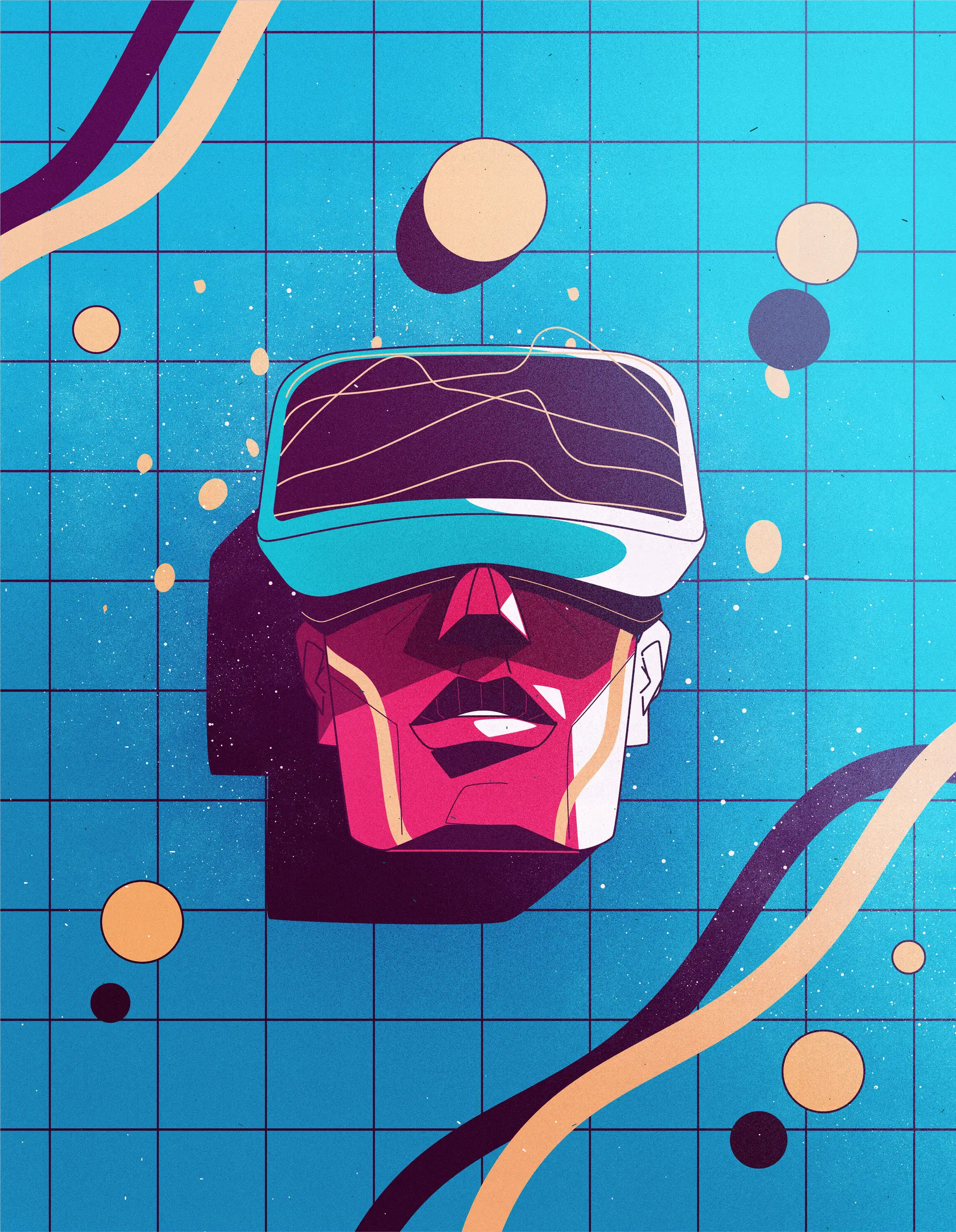 Stylized digital artwork of a head wearing a virtual reality headset against a blue grid background with floating circles and wavy lines.