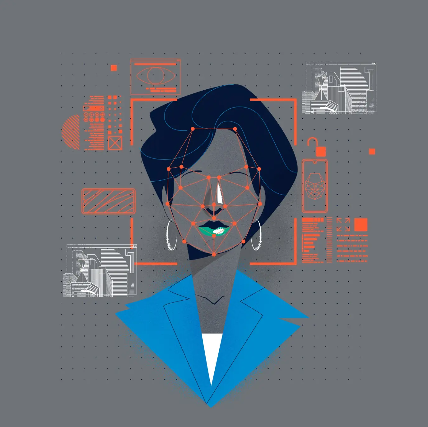 Abstract digital illustration of a woman's face with facial recognition lines and icons on a gray background.
