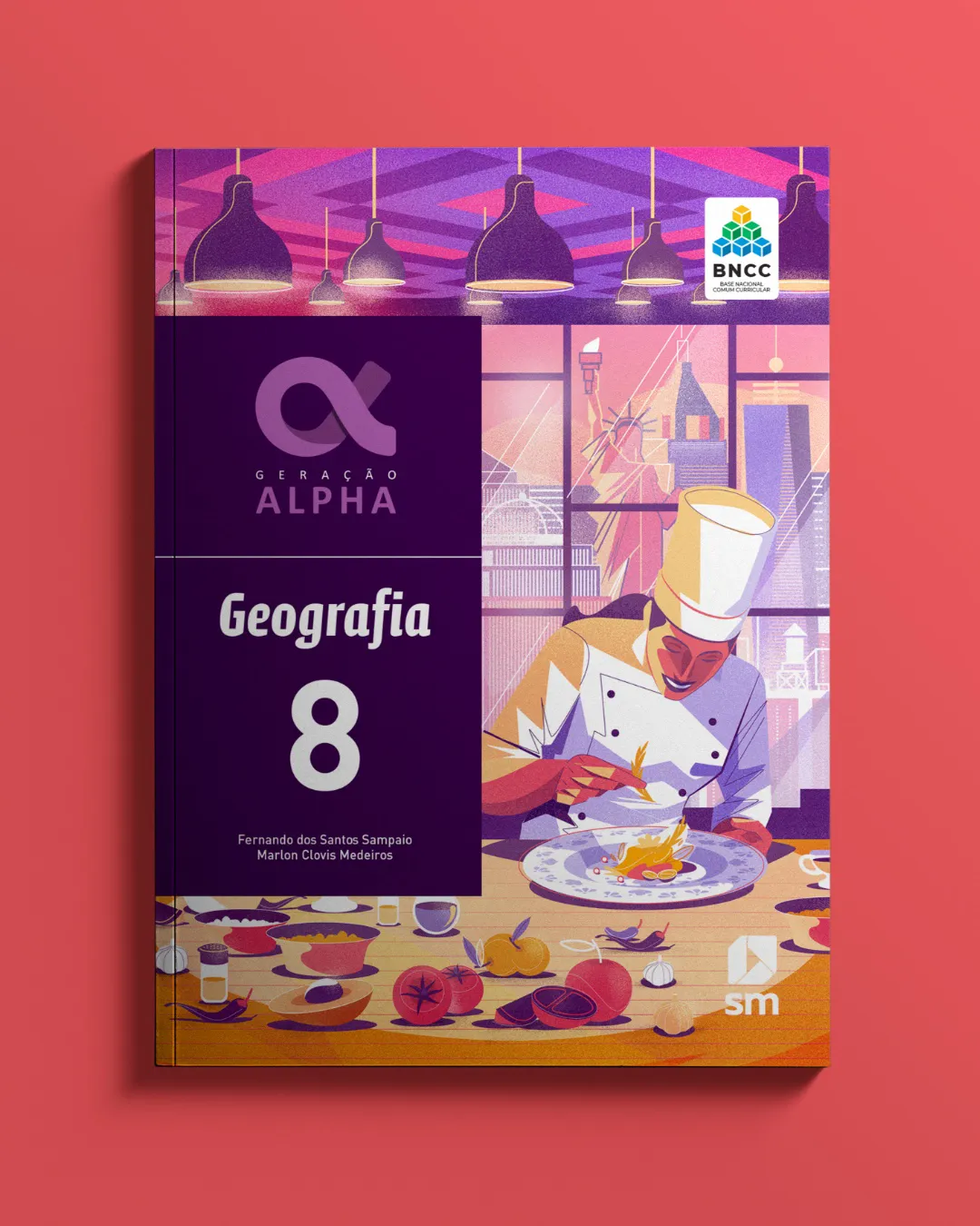 Illustration of a chef preparing a dish inside a restaurant with an urban skyline backdrop, symbolizing food systems, cultural practices, and city life.