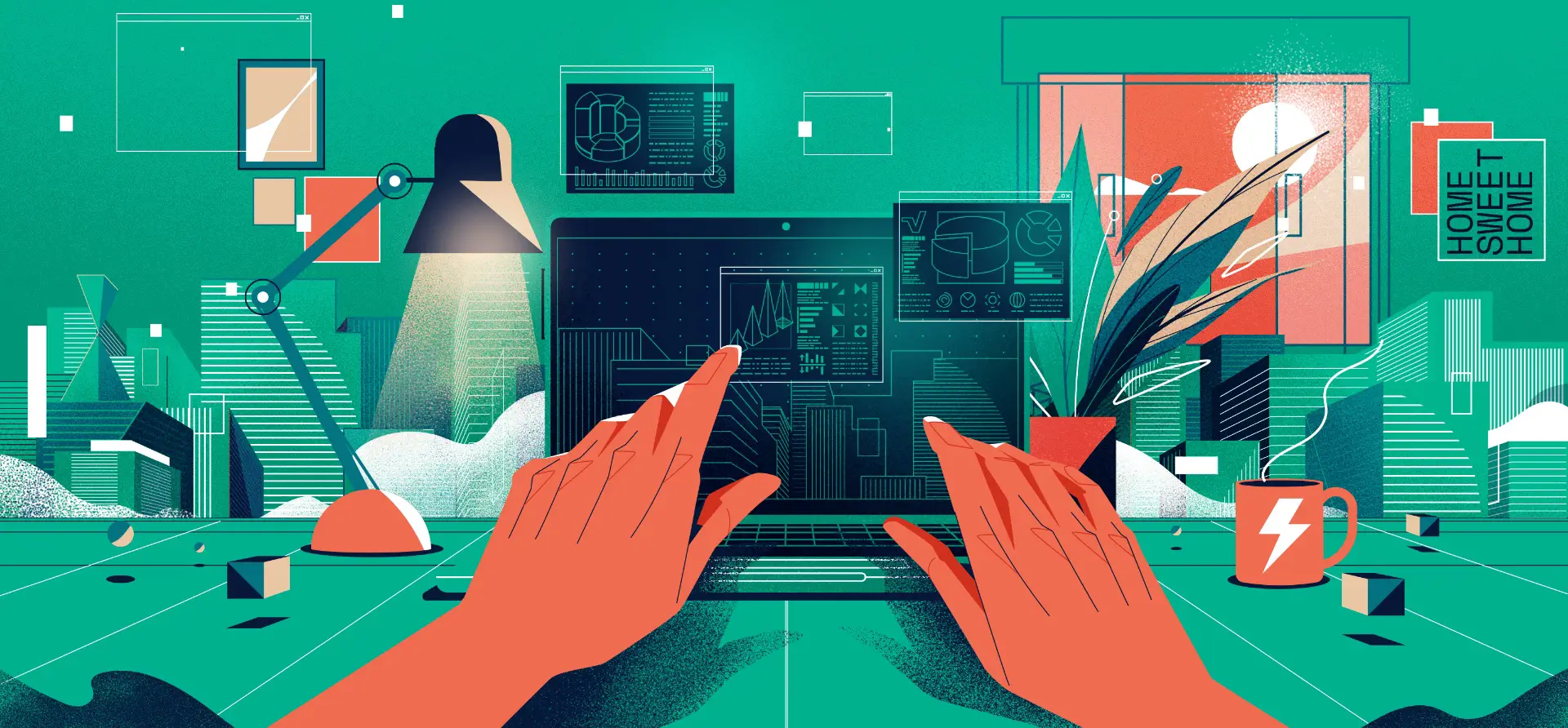 Digital illustration of hands typing on a laptop with charts on the screen, a desk lamp, potted plant, and steaming coffee mug, with a city skyline and sunset outside the window.