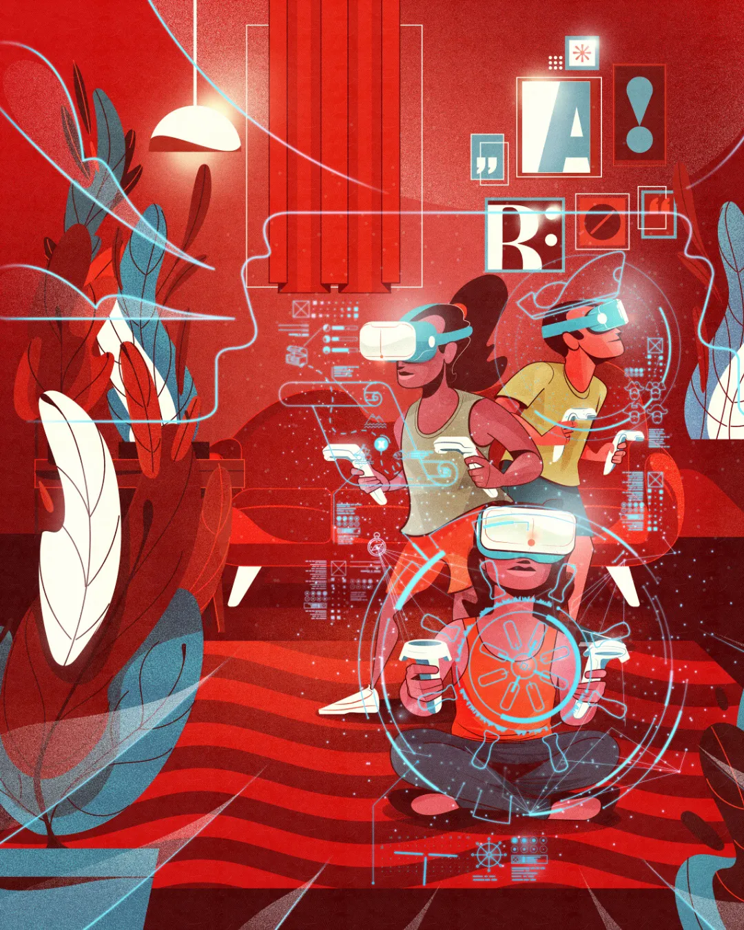 Cover illustration for Portuguese Language – Grade 6, portraying students engaging with virtual reality and digital reading experiences, exploring new forms of communication and literacy.