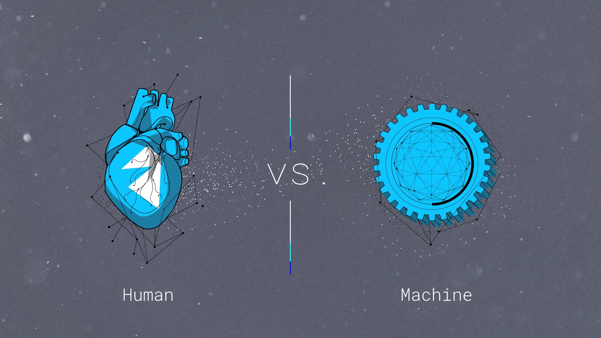 Visual comparison between a human heart and a digital blue geometric core.