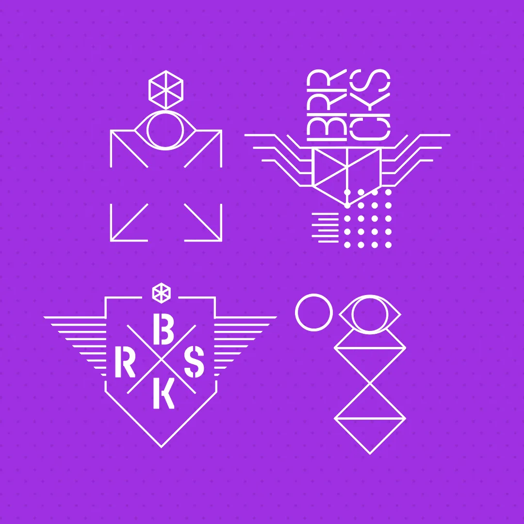 Abstract geometric symbols and line icons on purple background, exploring identity, systems, and perception