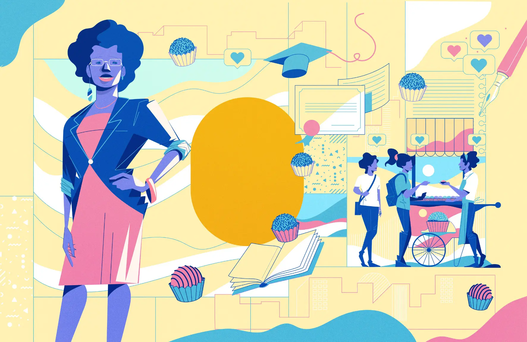 Illustration of a confident woman standing with hand on hip, surrounded by elements like cupcakes, an open book, graduation cap, and a scene of people buying cupcakes from a vendor cart.