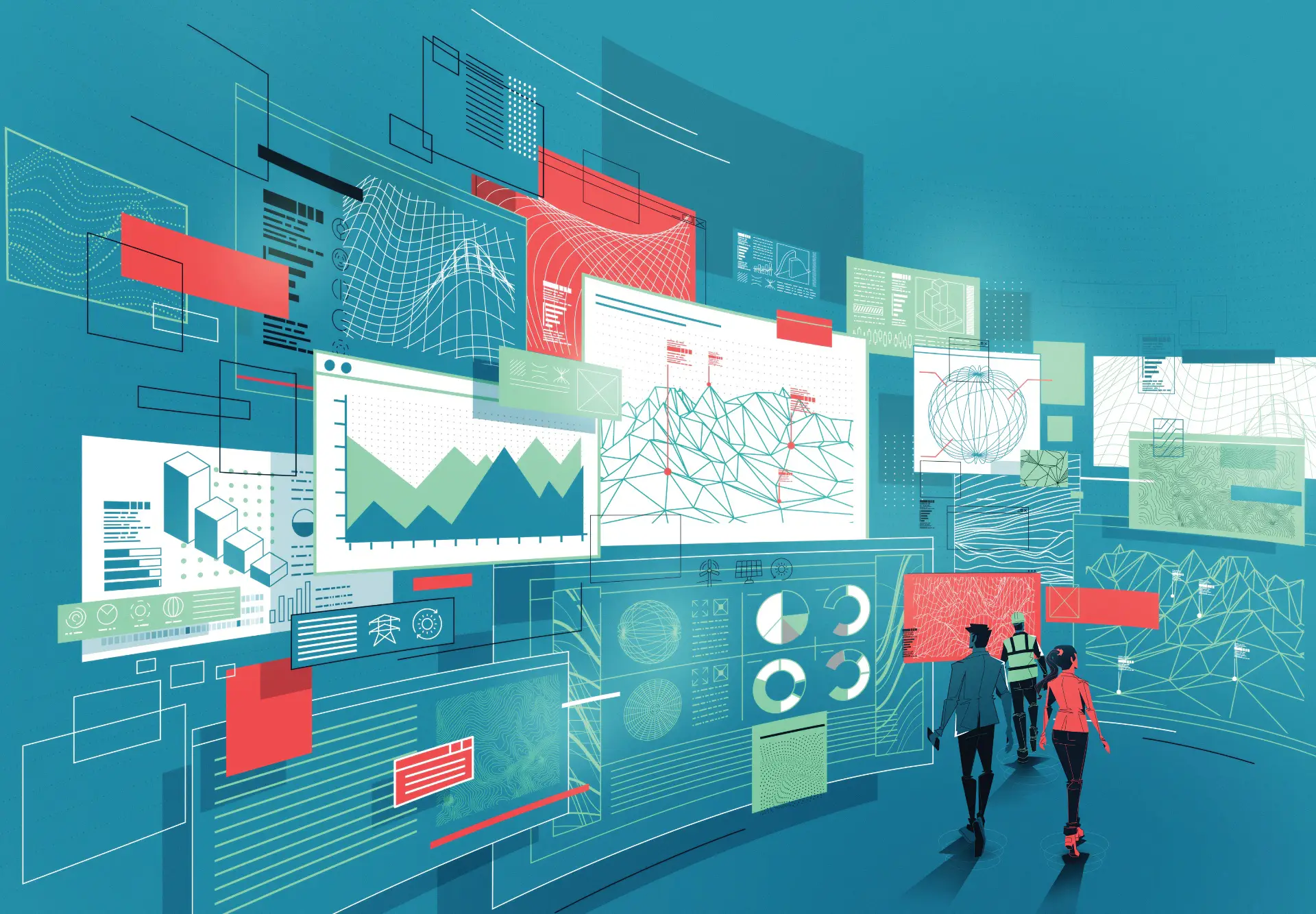 Three people walking towards a large curved digital interface displaying various charts, graphs, and data visualizations on a blue background.