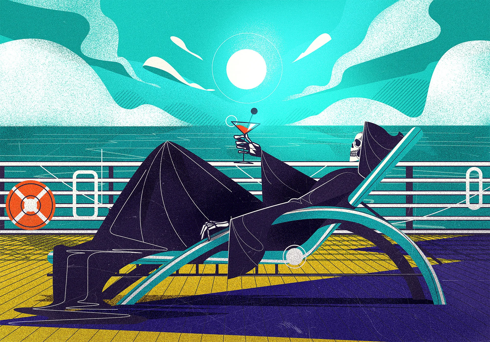 Illustration of a skeletal figure relaxing on a deck chair by the sea, holding a cocktail under a bright sun in a surreal and symbolic scene
