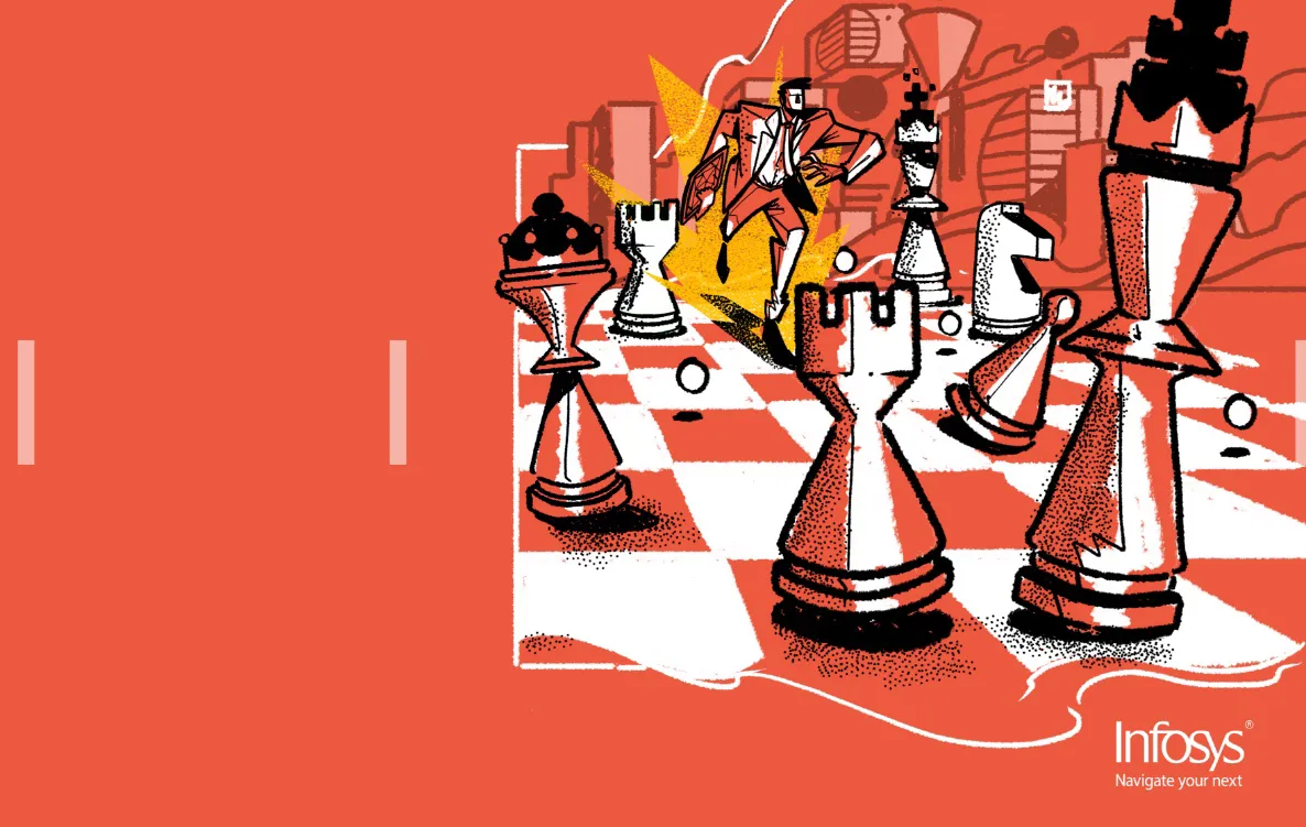 stylized corporate illustration of chess pieces and a strategist in motion, symbolizing foresight, agility, and decision making in complex business environments
