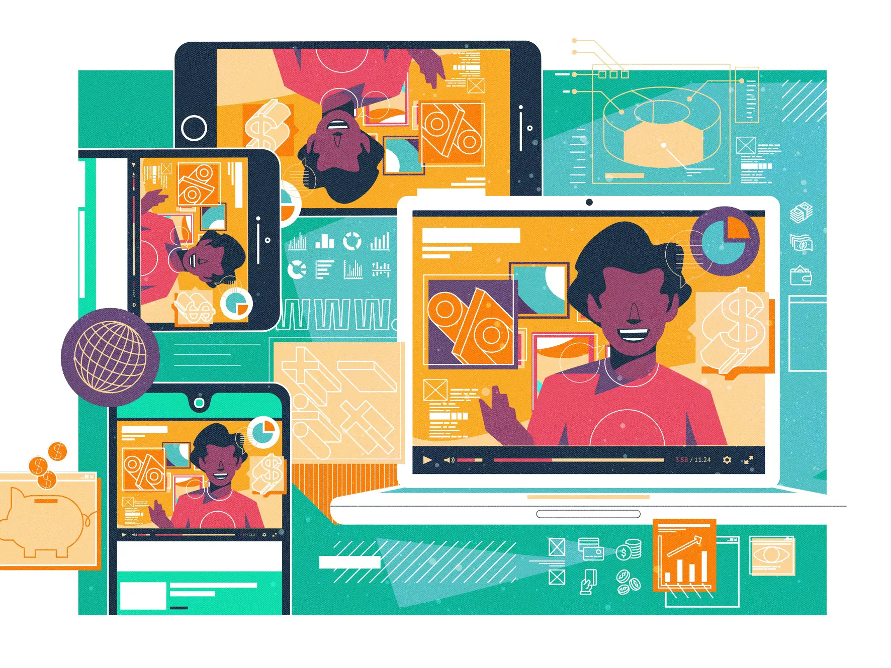 Illustration of a person on multiple digital devices including a laptop, tablet, and smartphone, surrounded by financial icons and charts.