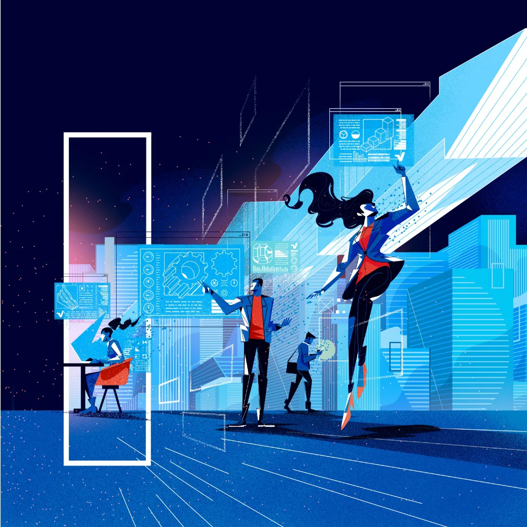Editorial illustration for Infosys depicting enterprise resilience, with professionals collaborating through digital interfaces in a futuristic smart city environment.