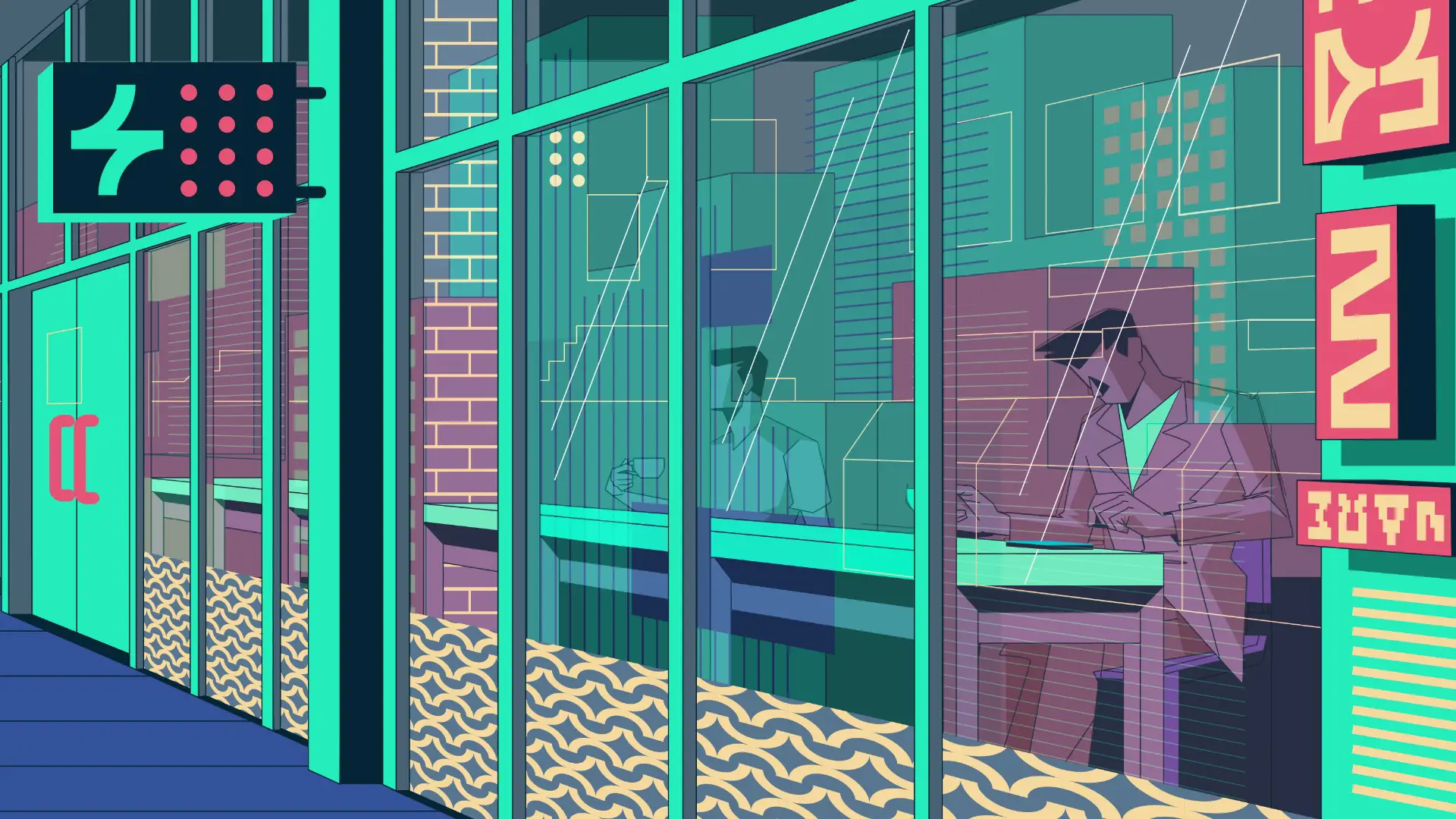 Stylized illustration of a modern cafe exterior with large glass windows, showing two people inside working and drinking coffee.