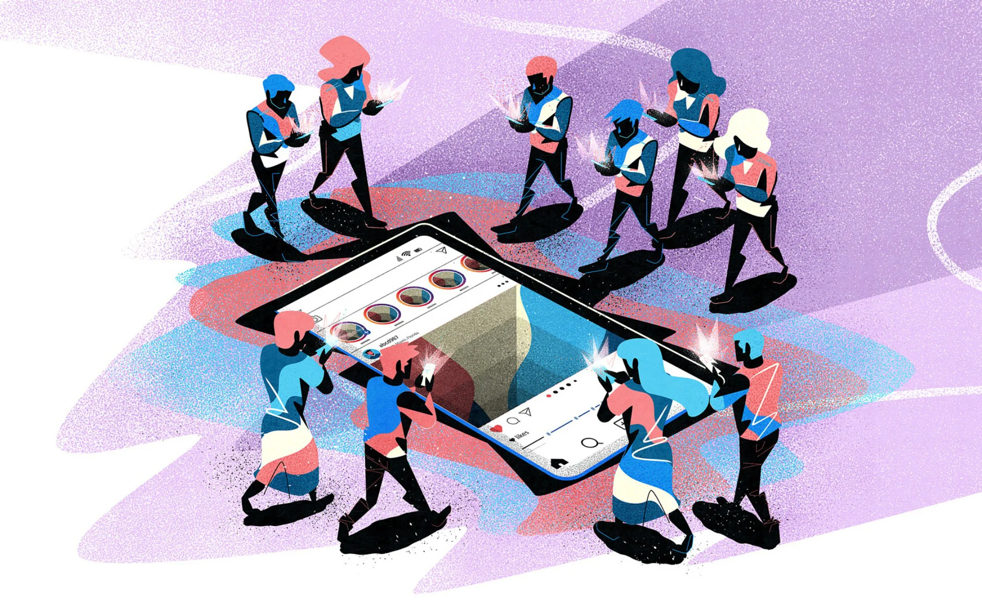  Conceptual illustration of multiple people walking around and interacting with a giant smartphone on the ground, representing social media, attention economy, and digital behavior.