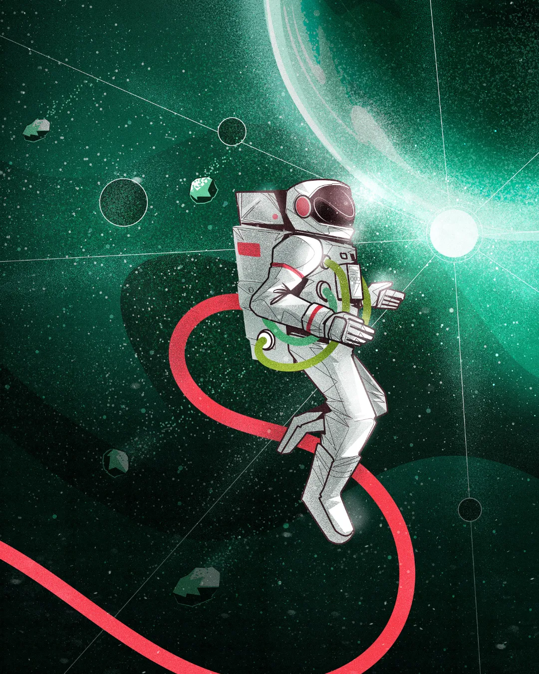 Science textbook cover illustration for Generation Alpha Grade 9, depicting an astronaut in space with orbital elements, symbolizing space exploration and physics education
