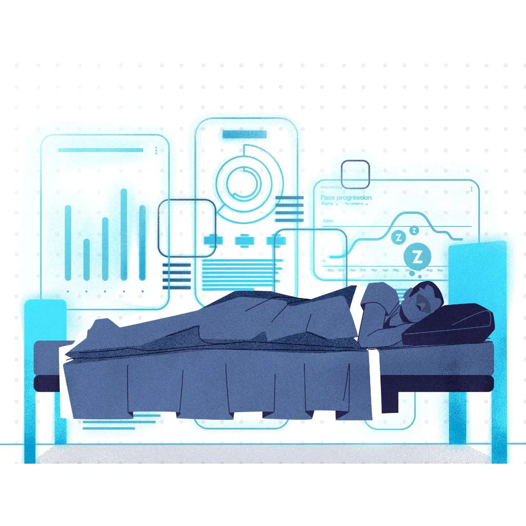 Illustration of a person sleeping in bed with blue holographic charts showing sleep cycle statistics and "Z" icons.